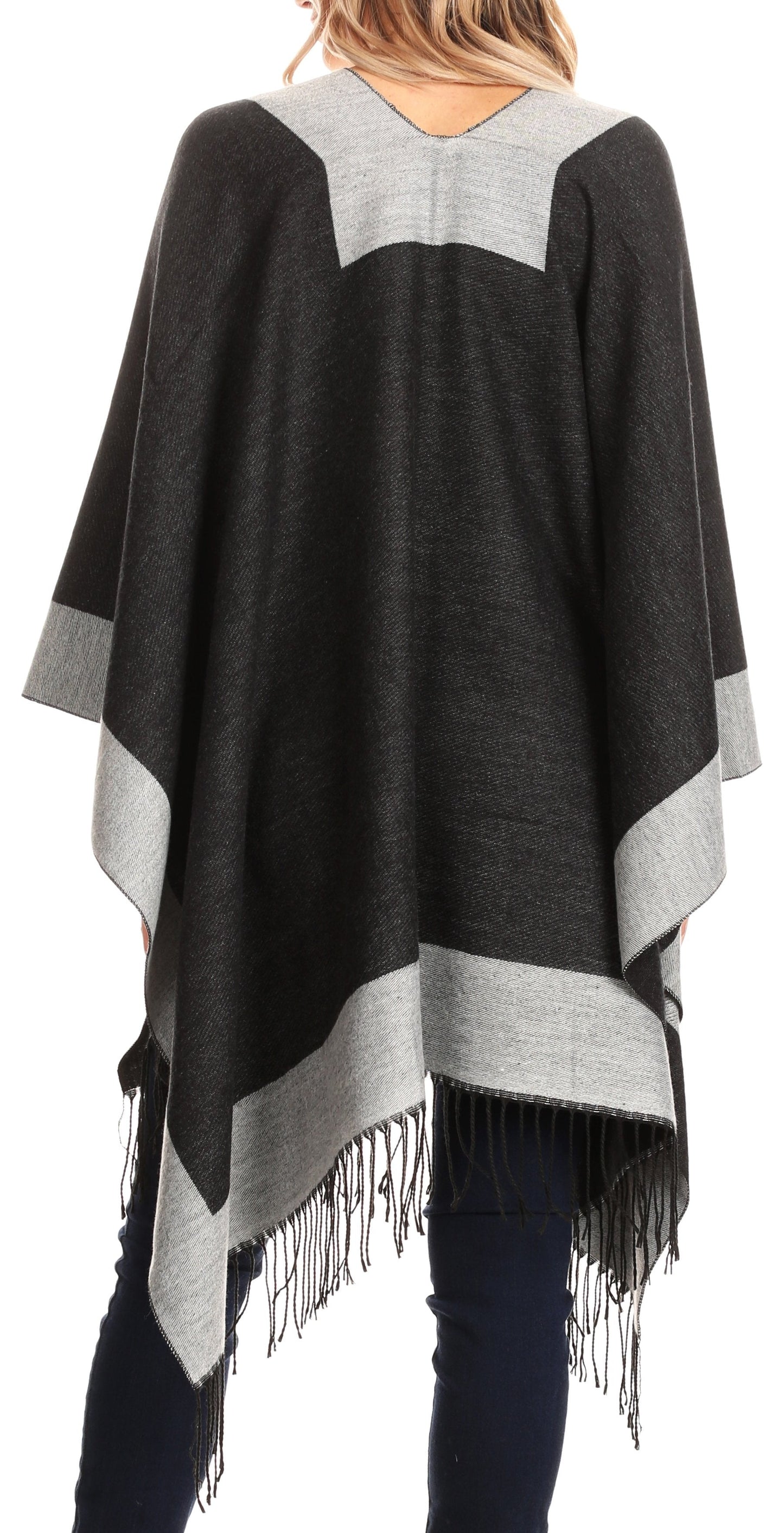 Sakkas Avi Women's Reversible Open Front Poncho Cardigan Ruana Cape Shawl W/Fringe - Concordia Style Boutique