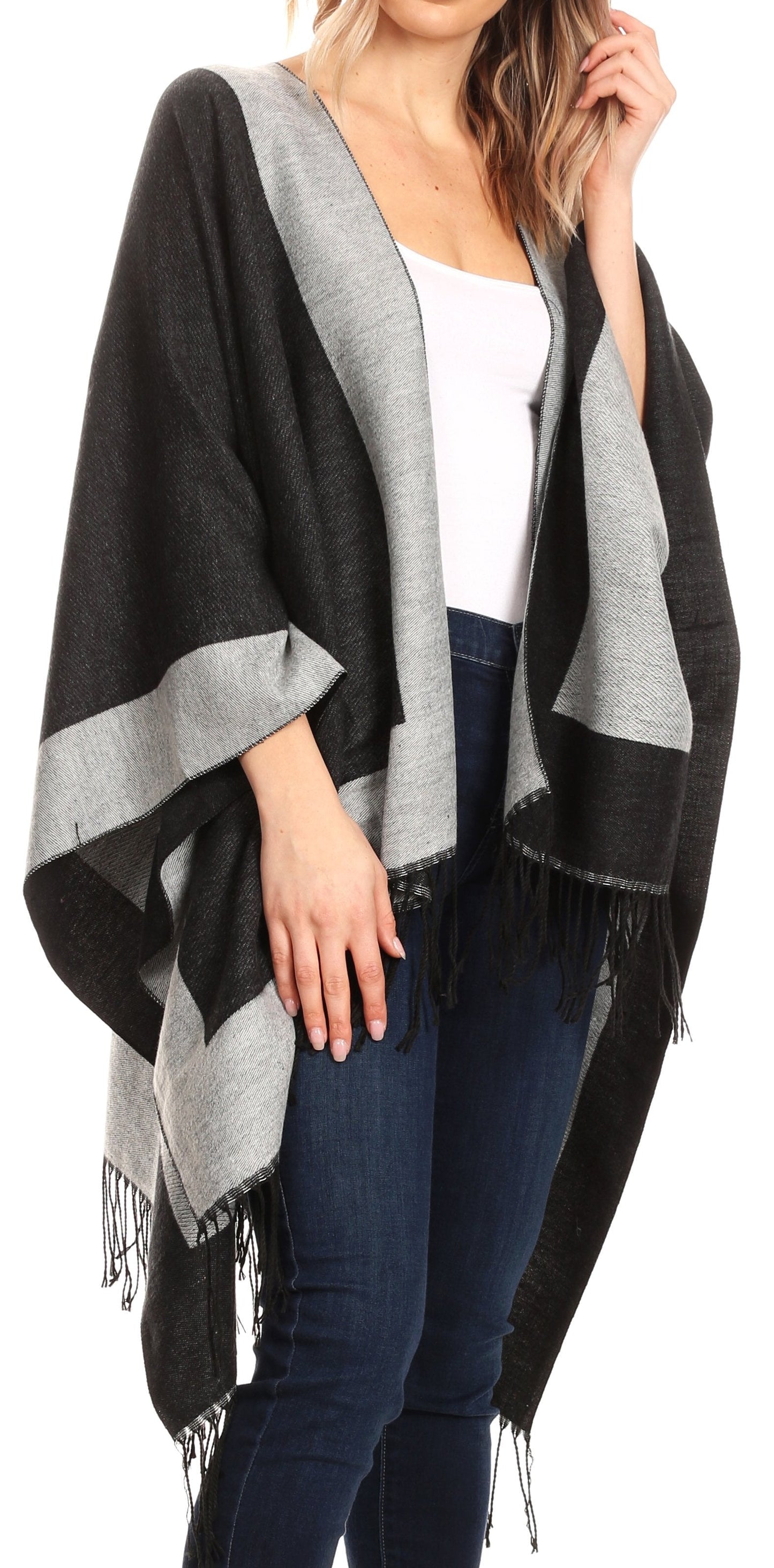 Sakkas Avi Women's Reversible Open Front Poncho Cardigan Ruana Cape Shawl W/Fringe - Concordia Style Boutique