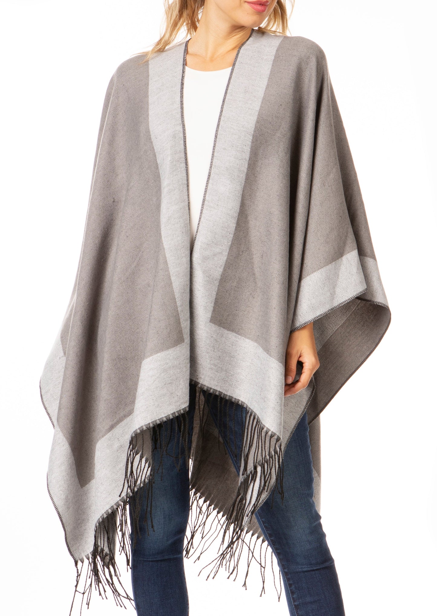 Sakkas Avi Women's Reversible Open Front Poncho Cardigan Ruana Cape Shawl W/Fringe - Concordia Style Boutique