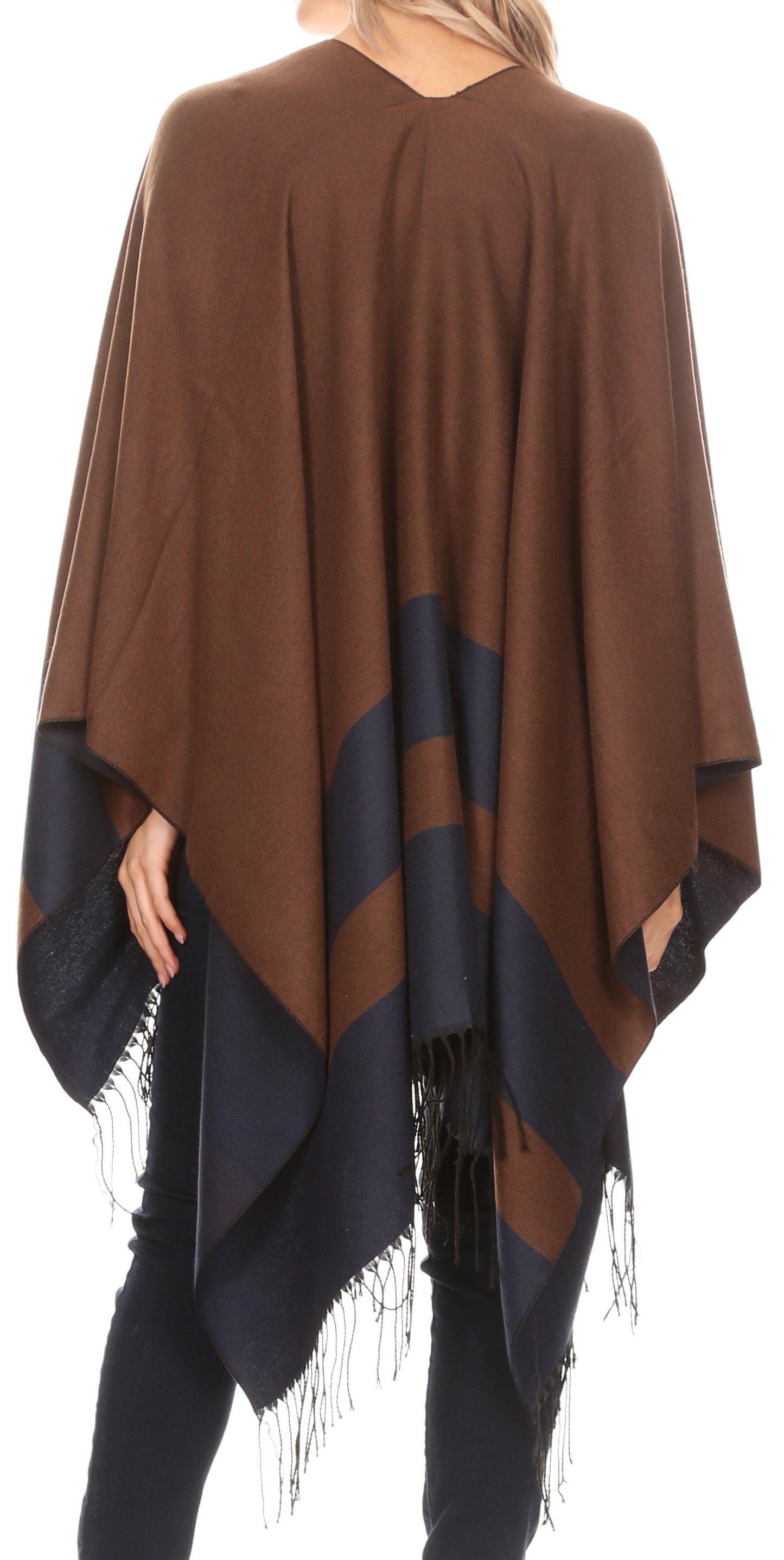 Sakkas Avi Women's Reversible Open Front Poncho Cardigan Ruana Cape Shawl W/Fringe - Concordia Style Boutique