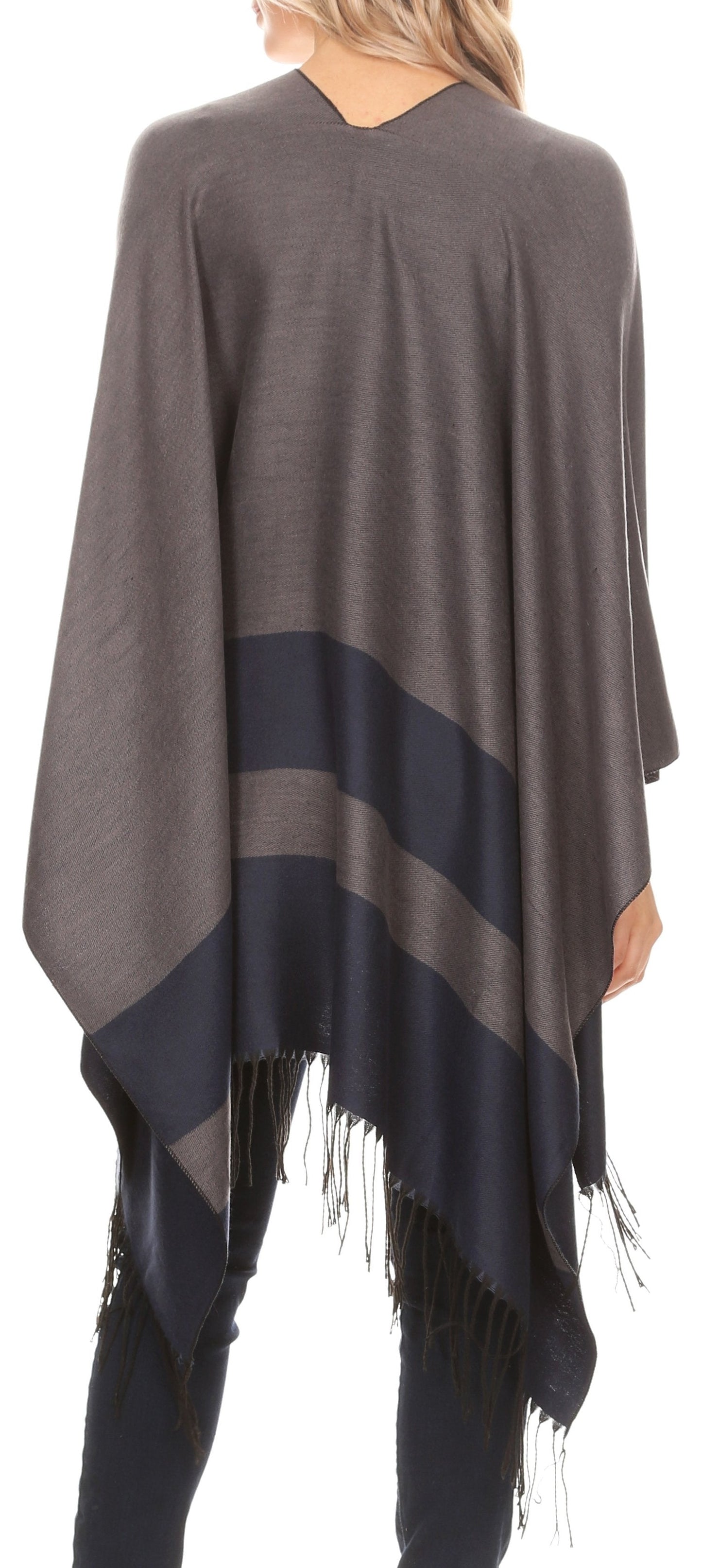 Sakkas Avi Women's Reversible Open Front Poncho Cardigan Ruana Cape Shawl W/Fringe - Concordia Style Boutique