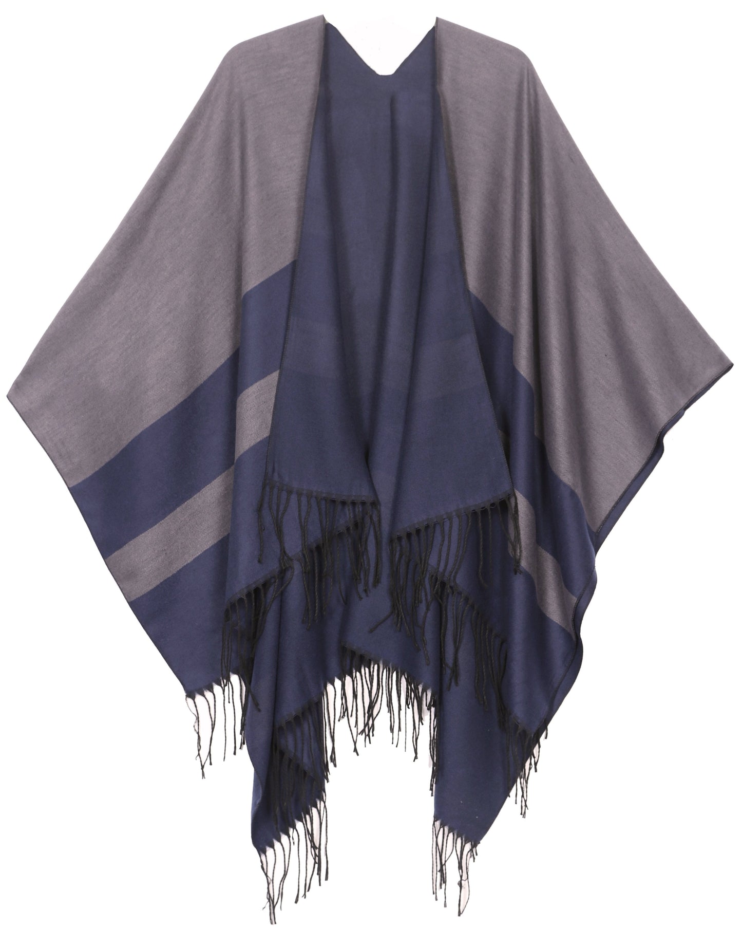 Sakkas Avi Women's Reversible Open Front Poncho Cardigan Ruana Cape Shawl W/Fringe - Concordia Style Boutique