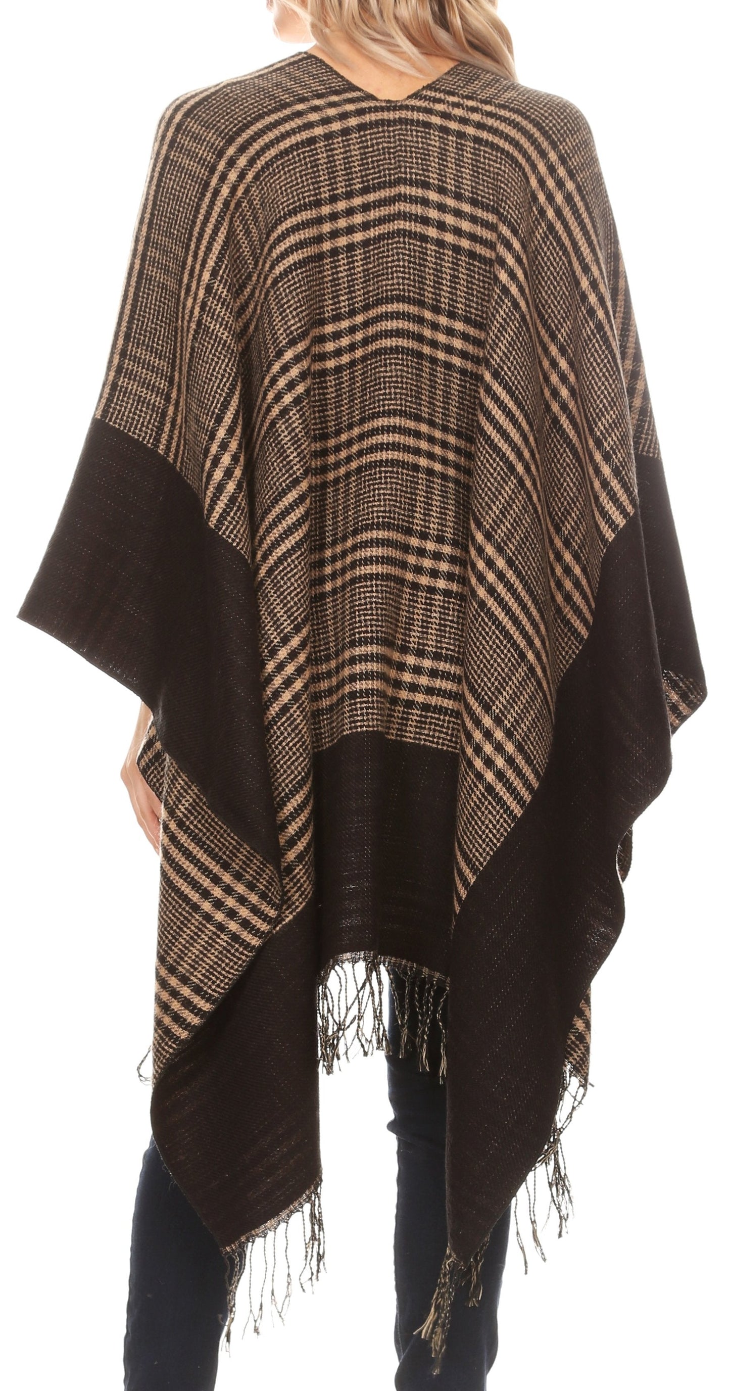 Sakkas Avi Women's Reversible Open Front Poncho Cardigan Ruana Cape Shawl W/Fringe - Concordia Style Boutique