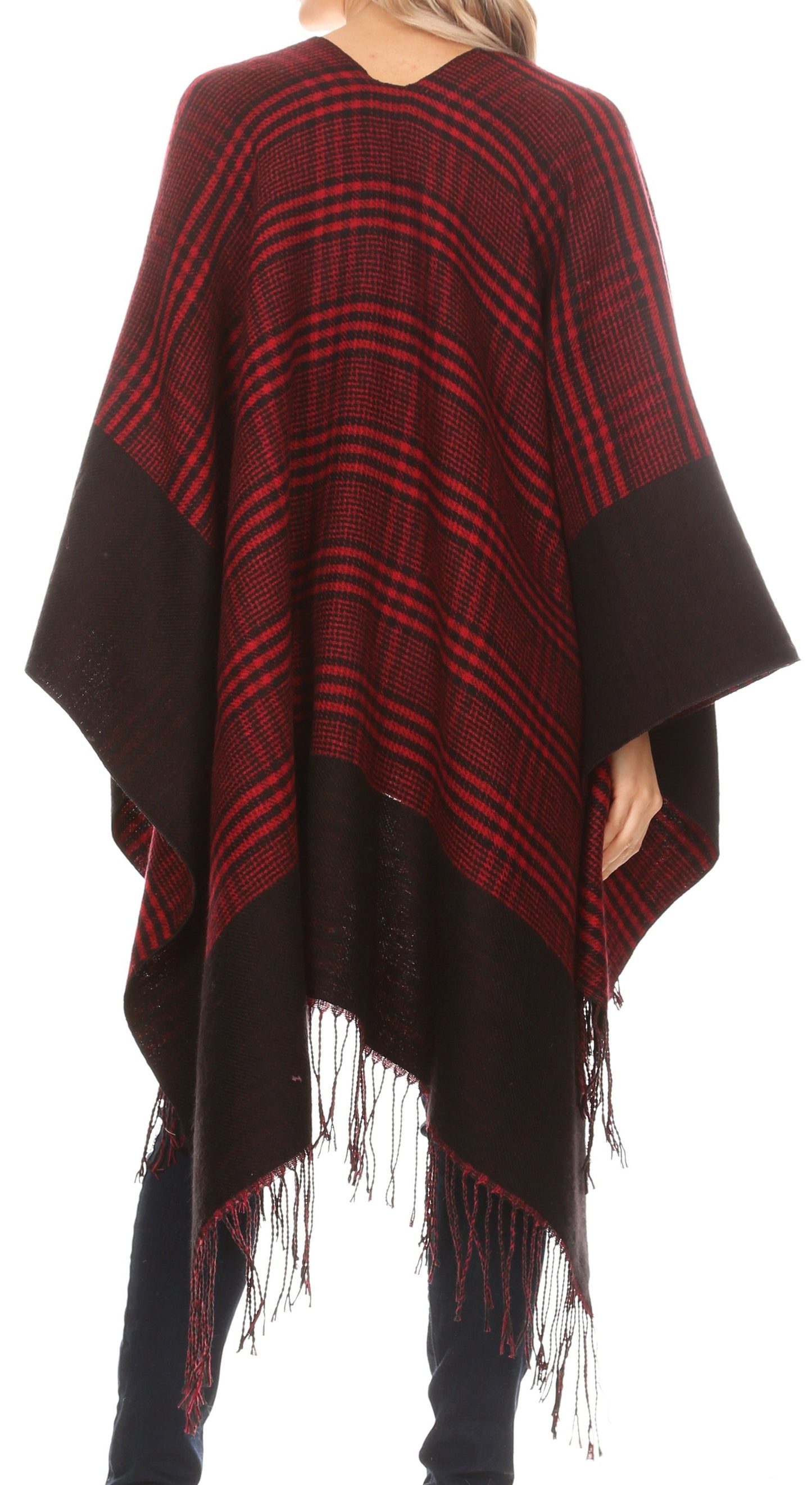 Sakkas Avi Women's Reversible Open Front Poncho Cardigan Ruana Cape Shawl W/Fringe - Concordia Style Boutique
