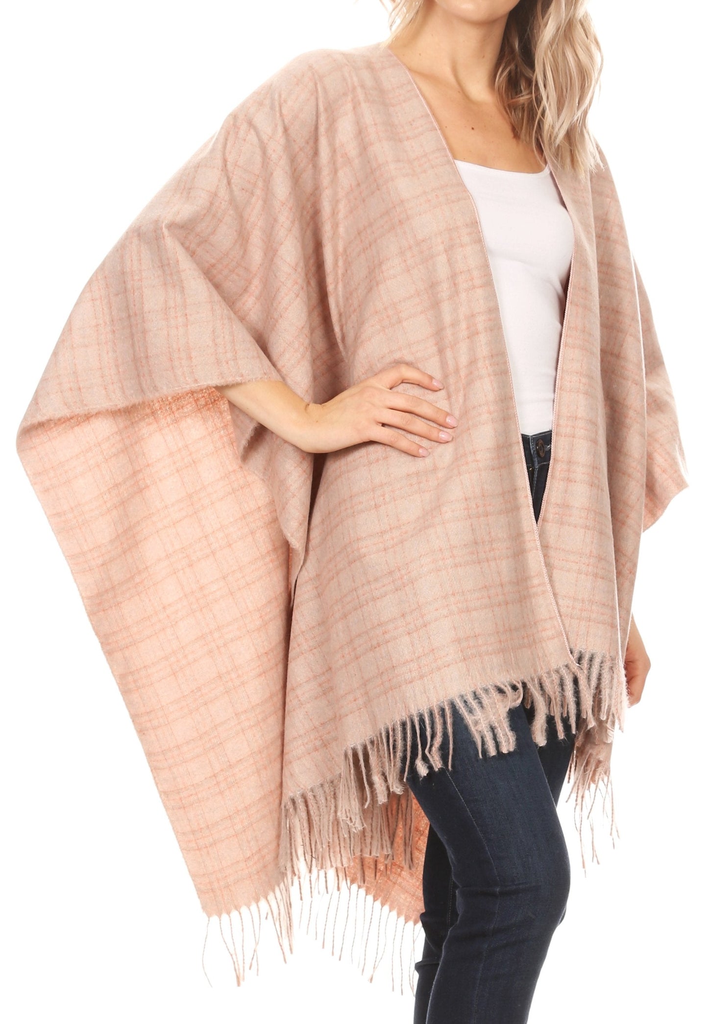Sakkas Avi Women's Reversible Open Front Poncho Cardigan Ruana Cape Shawl W/Fringe - Concordia Style Boutique