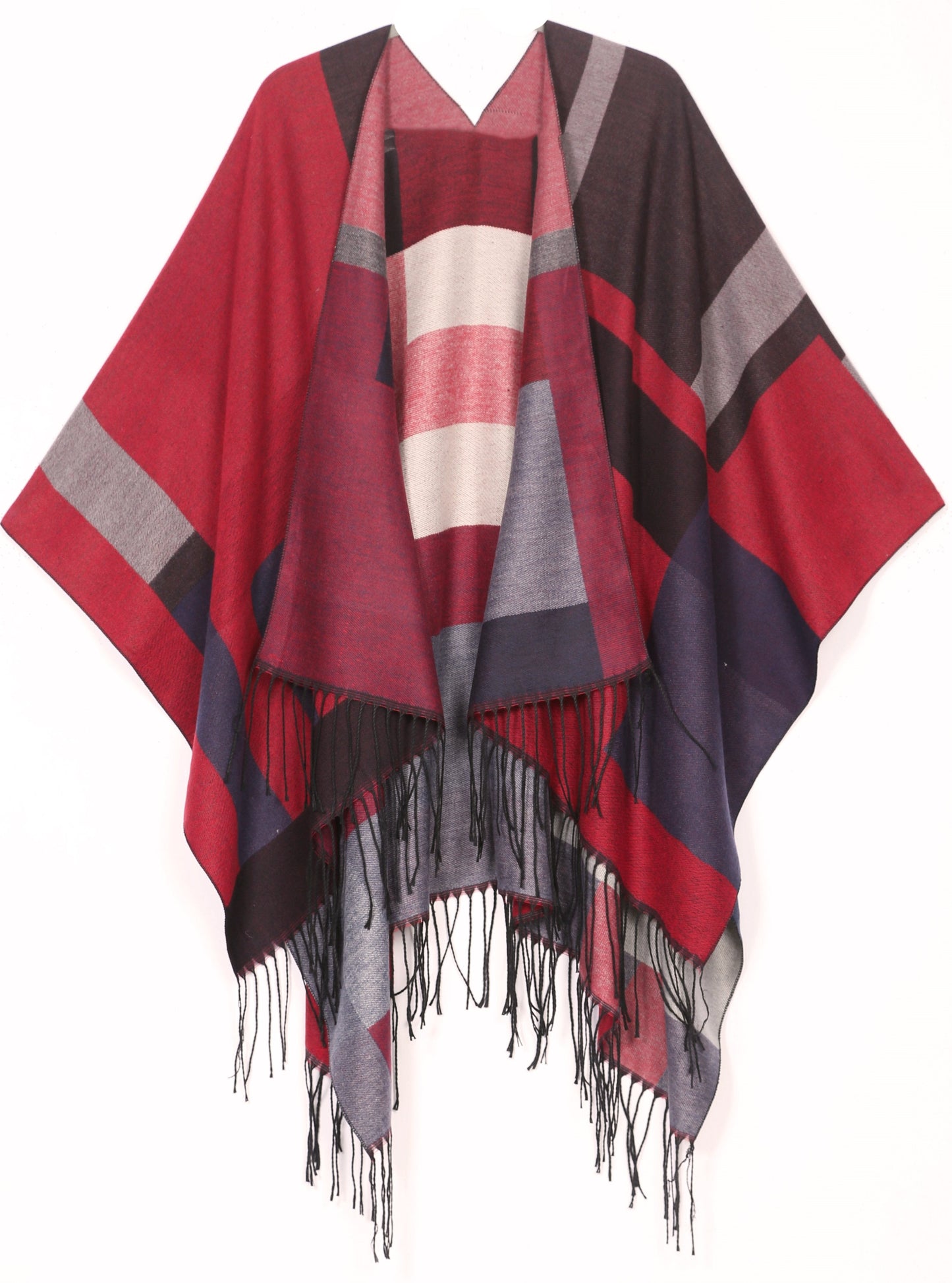 Sakkas Avi Women's Reversible Open Front Poncho Cardigan Ruana Cape Shawl W/Fringe - Concordia Style Boutique
