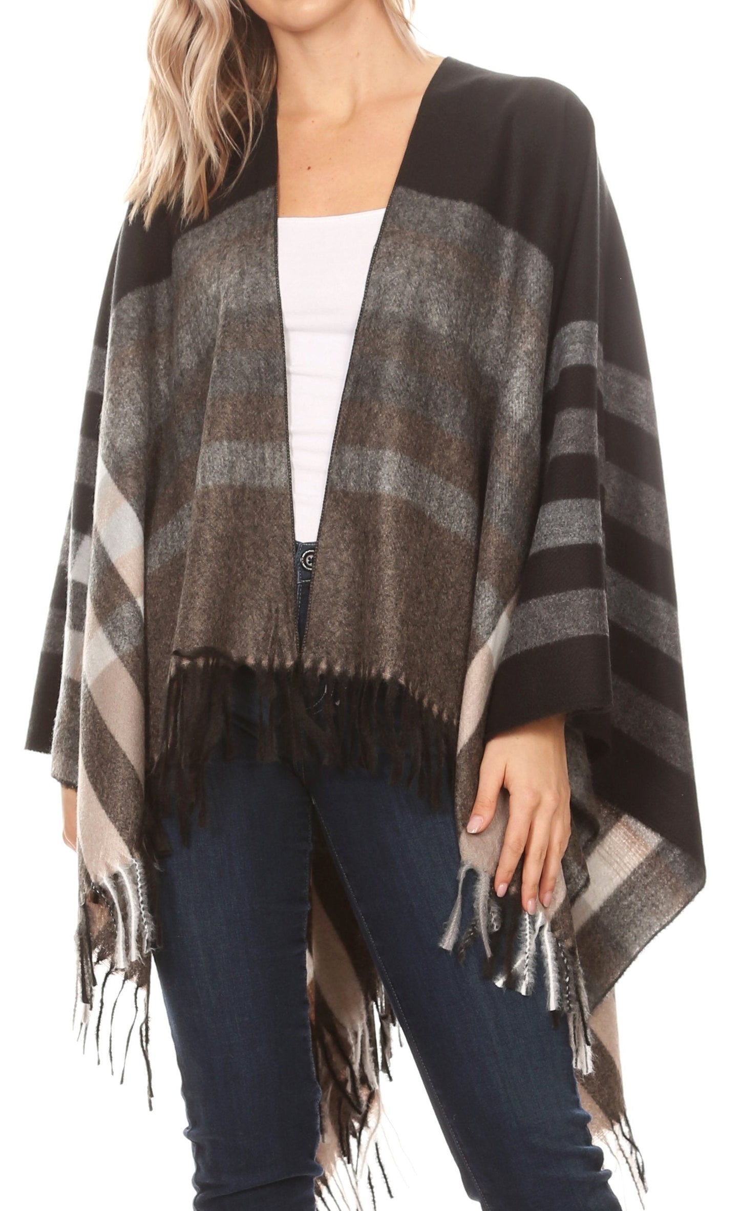Sakkas Avi Women's Reversible Open Front Poncho Cardigan Ruana Cape Shawl W/Fringe - Concordia Style Boutique