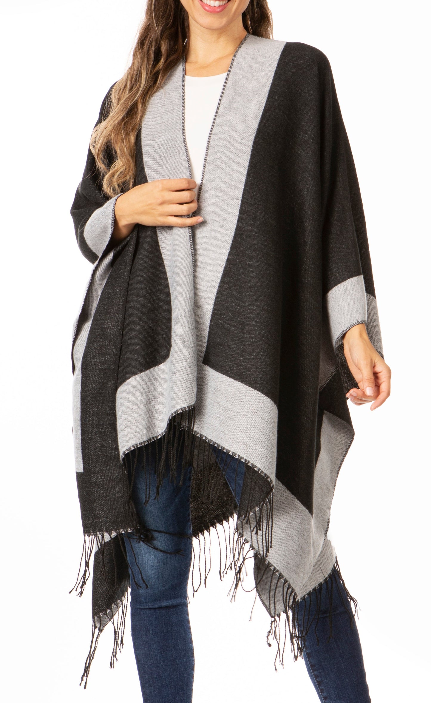 Sakkas Avi Women's Reversible Open Front Poncho Cardigan Ruana Cape Shawl W/Fringe - Concordia Style Boutique