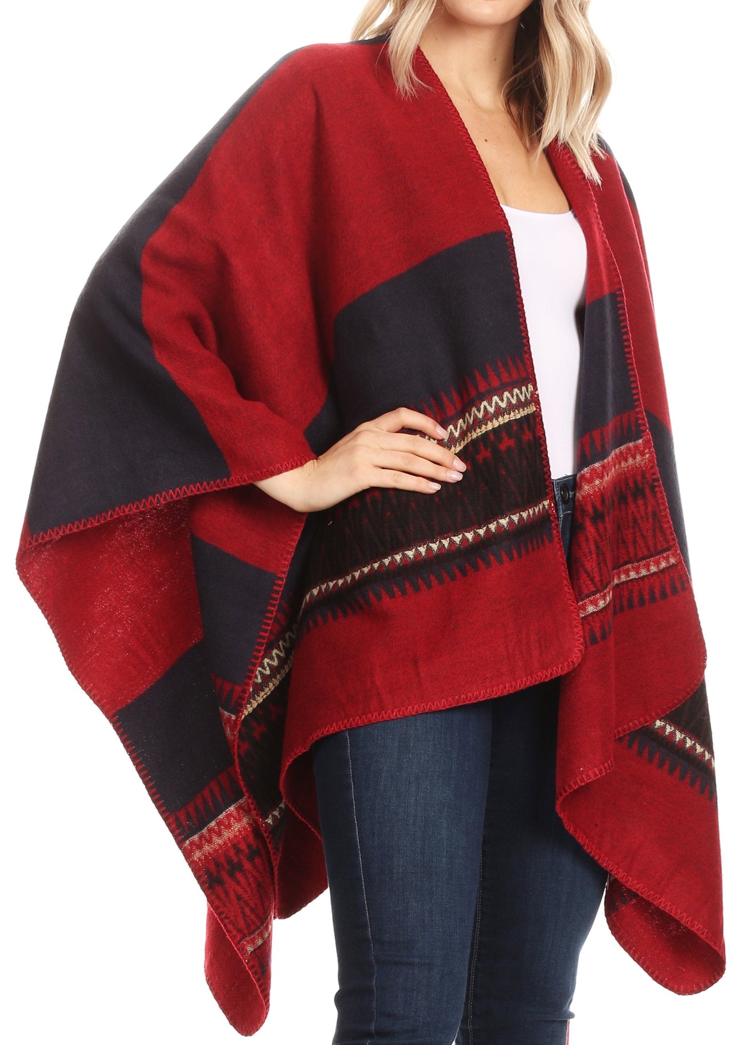 Sakkas Mari Women's Reversible Large Poncho Shawl Wrap Scarf Cape Ruana Blanket - Concordia Style Boutique