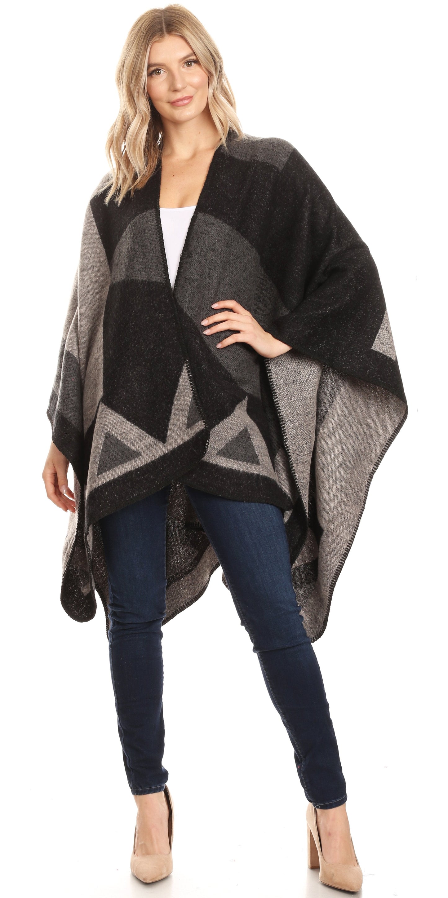 Sakkas Mari Women's Reversible Large Poncho Shawl Wrap Scarf Cape Ruana Blanket - Concordia Style Boutique