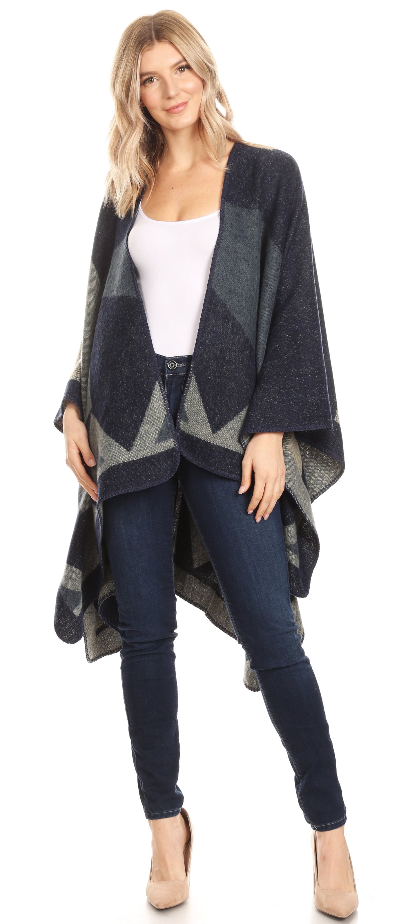 Sakkas Mari Women's Reversible Large Poncho Shawl Wrap Scarf Cape Ruana Blanket - Concordia Style Boutique