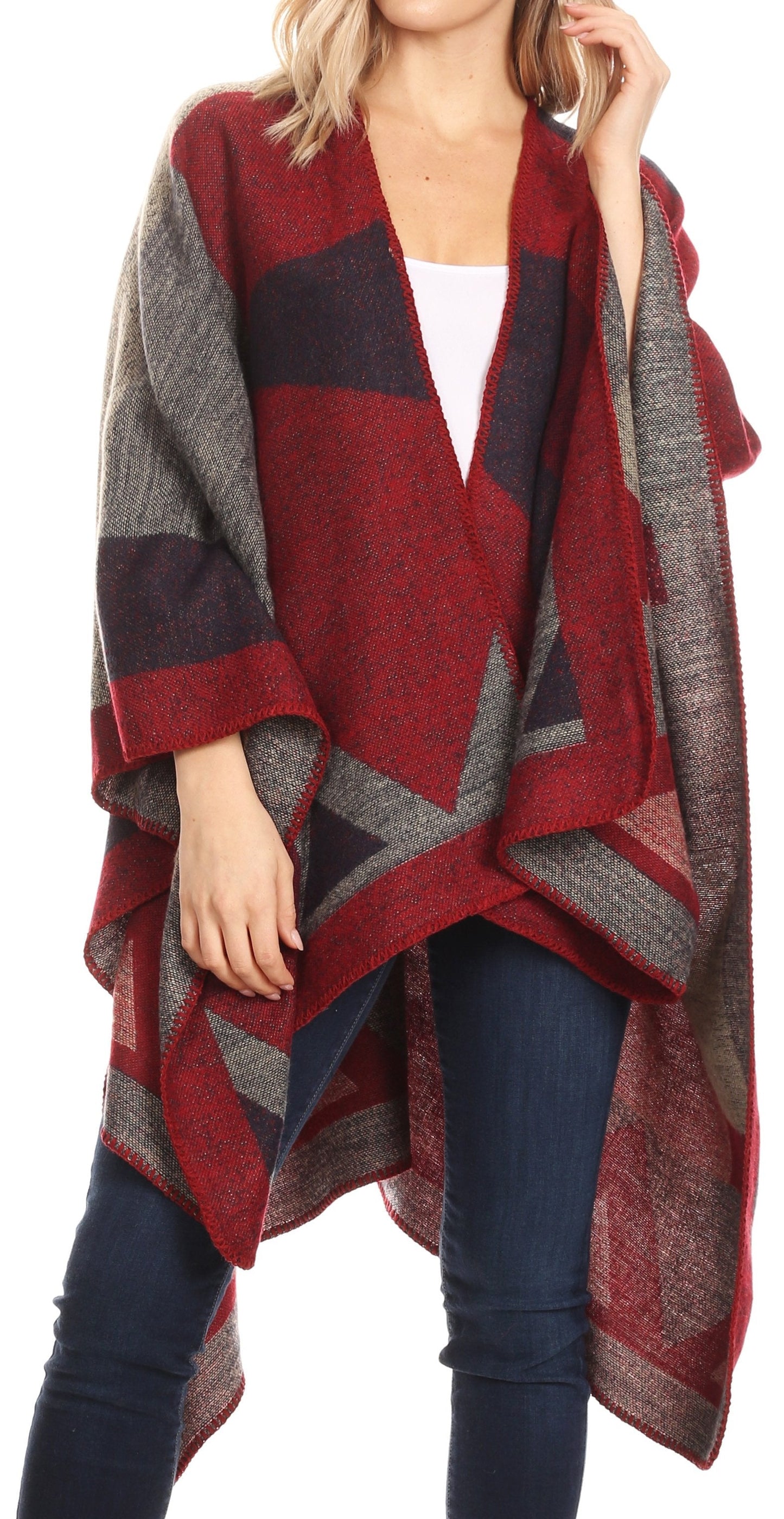 Sakkas Mari Women's Reversible Large Poncho Shawl Wrap Scarf Cape Ruana Blanket - Concordia Style Boutique