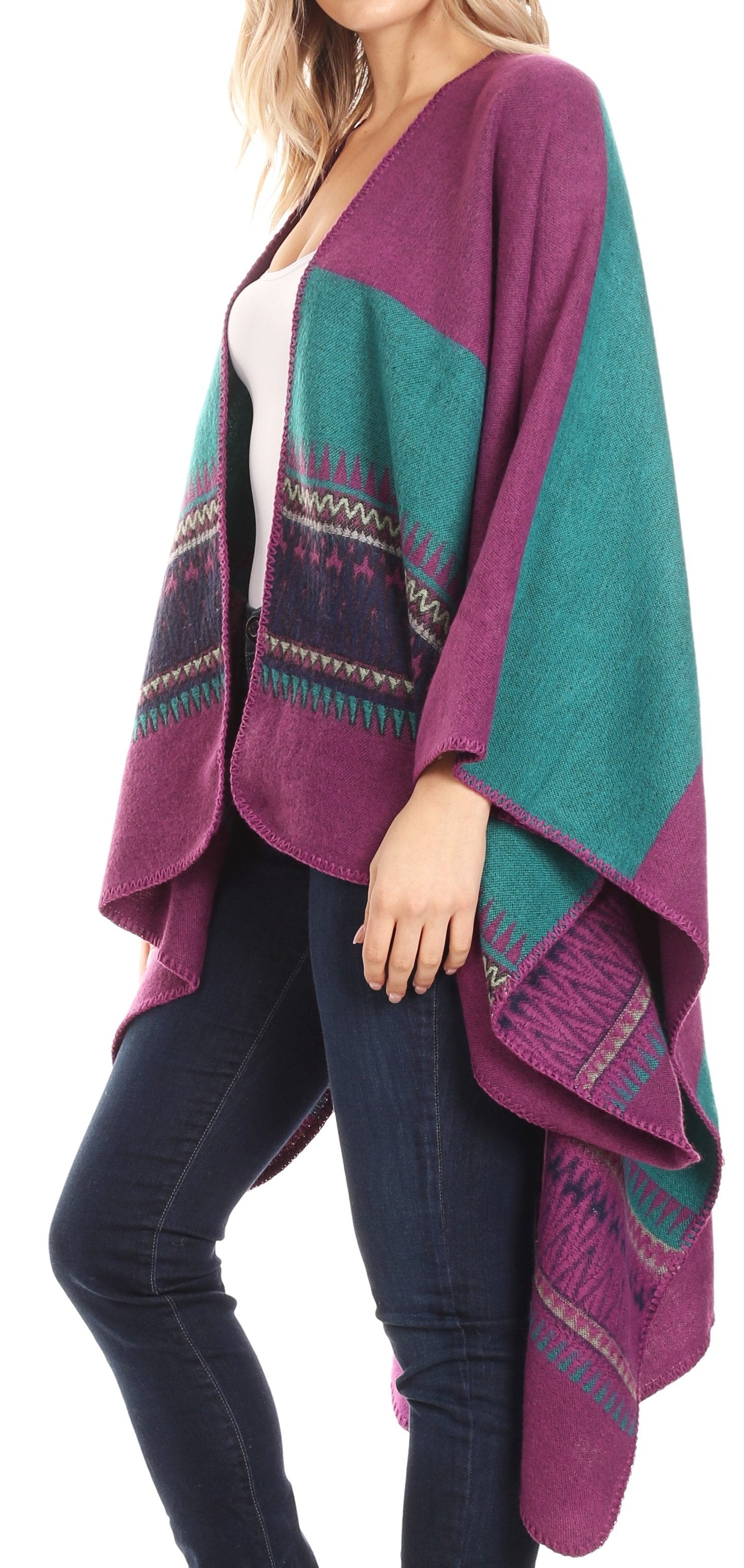 Sakkas Mari Women's Reversible Large Poncho Shawl Wrap Scarf Cape Ruana Blanket - Concordia Style Boutique