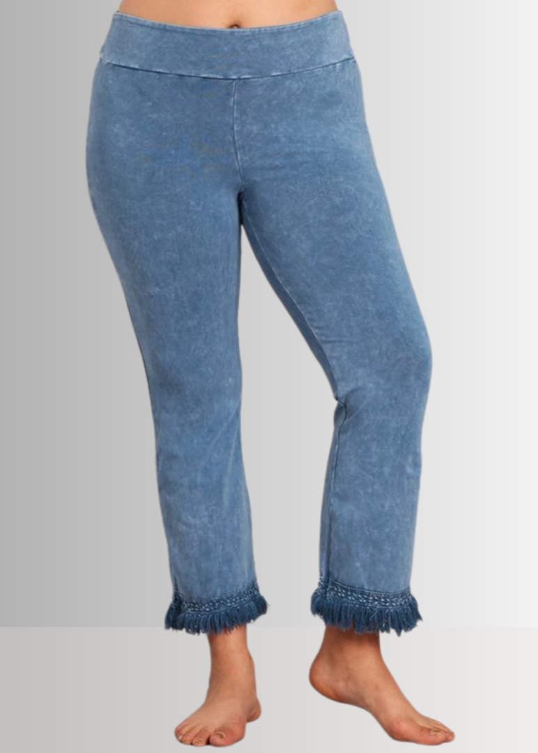 Mineral Washed Crochet Fringe Hem Pants in Plus Size - Concordia Style Boutique