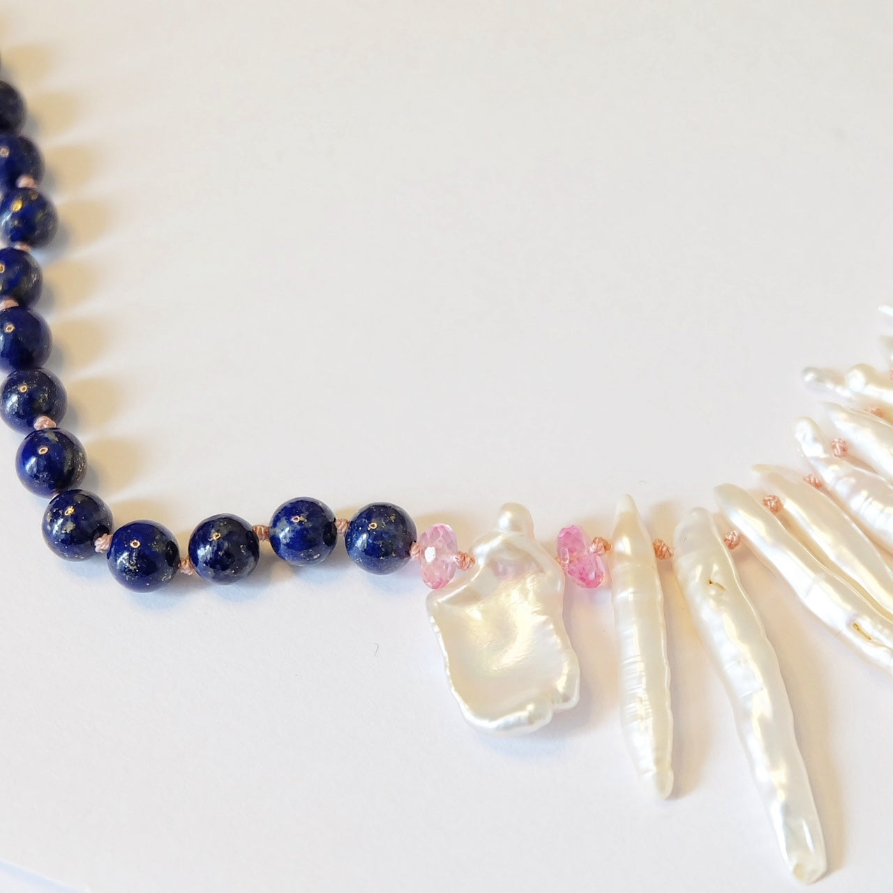 14K Gold Biwa Pearl, Pink Topaz, Lapis Lazuli Necklace