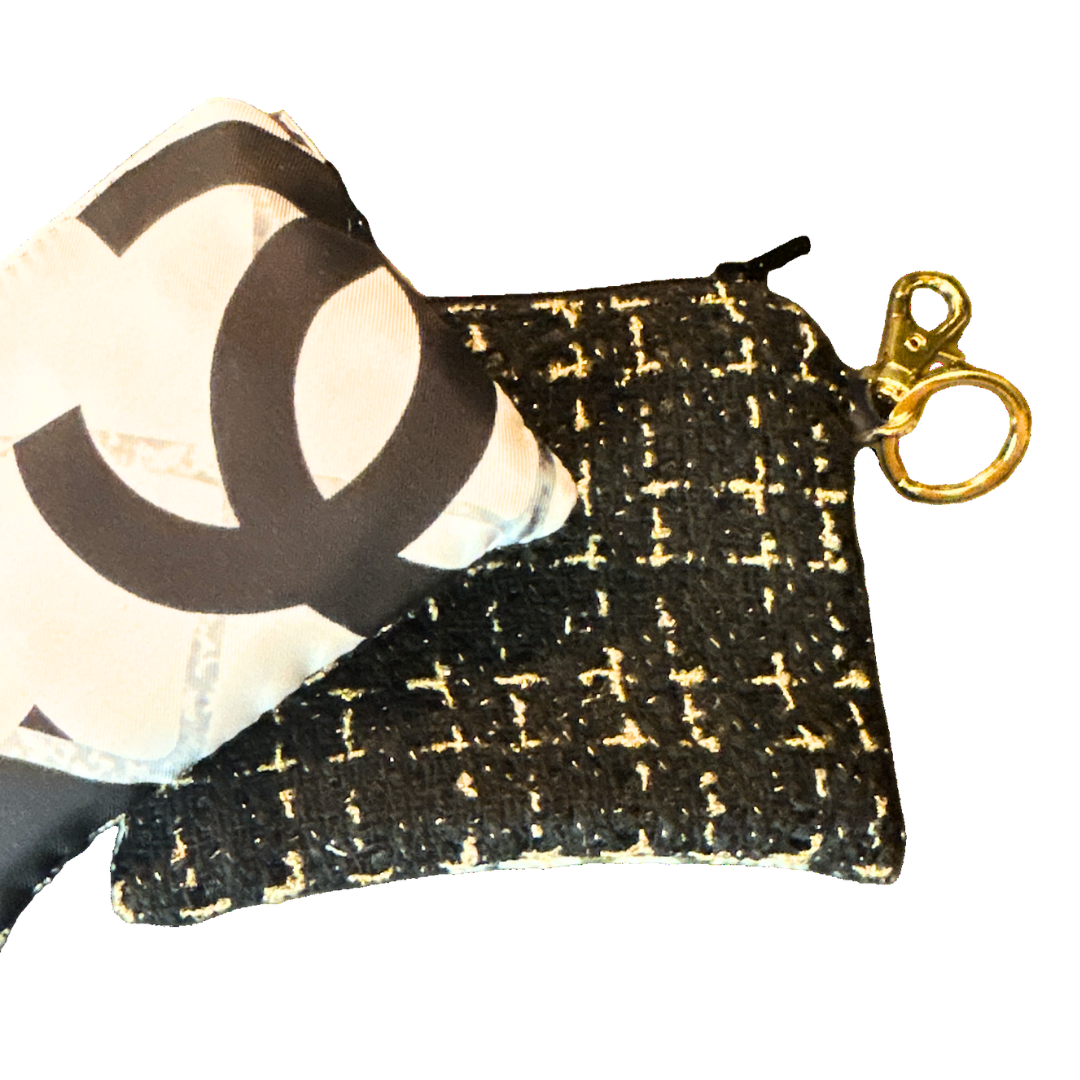 CC Logo Camellia Noir Vintage Silk Scarf Coffee Run Keychain Bag