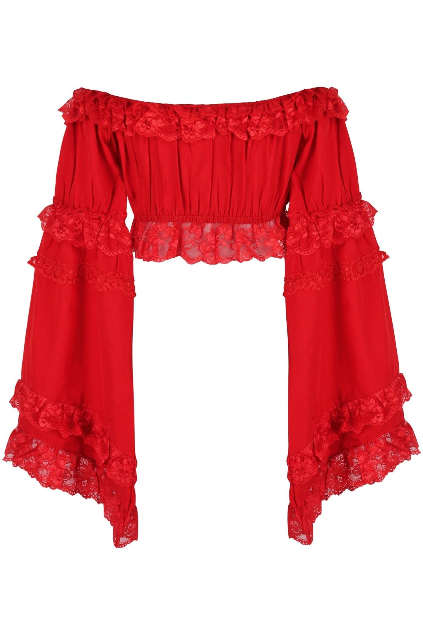 Red Smocked Flare Sleeve Peasant Top