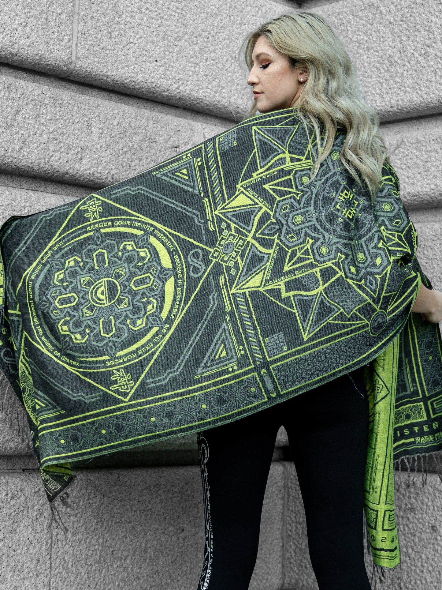 DHARMA V2 • Grey / Neon Yellow • UV REACTIVE • Festival Shawl/Scarf - Concordia Style Boutique