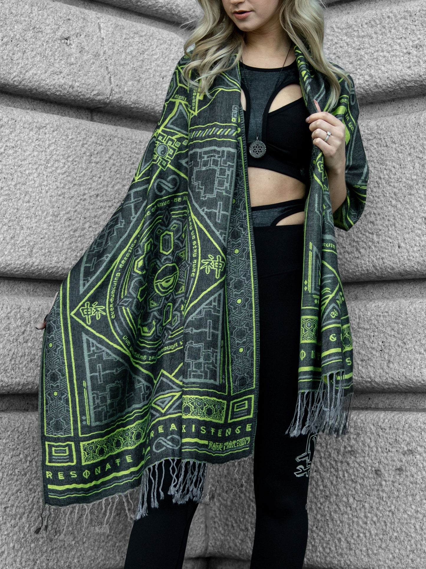 DHARMA V2 • Grey / Neon Yellow • UV REACTIVE • Festival Shawl/Scarf - Concordia Style Boutique
