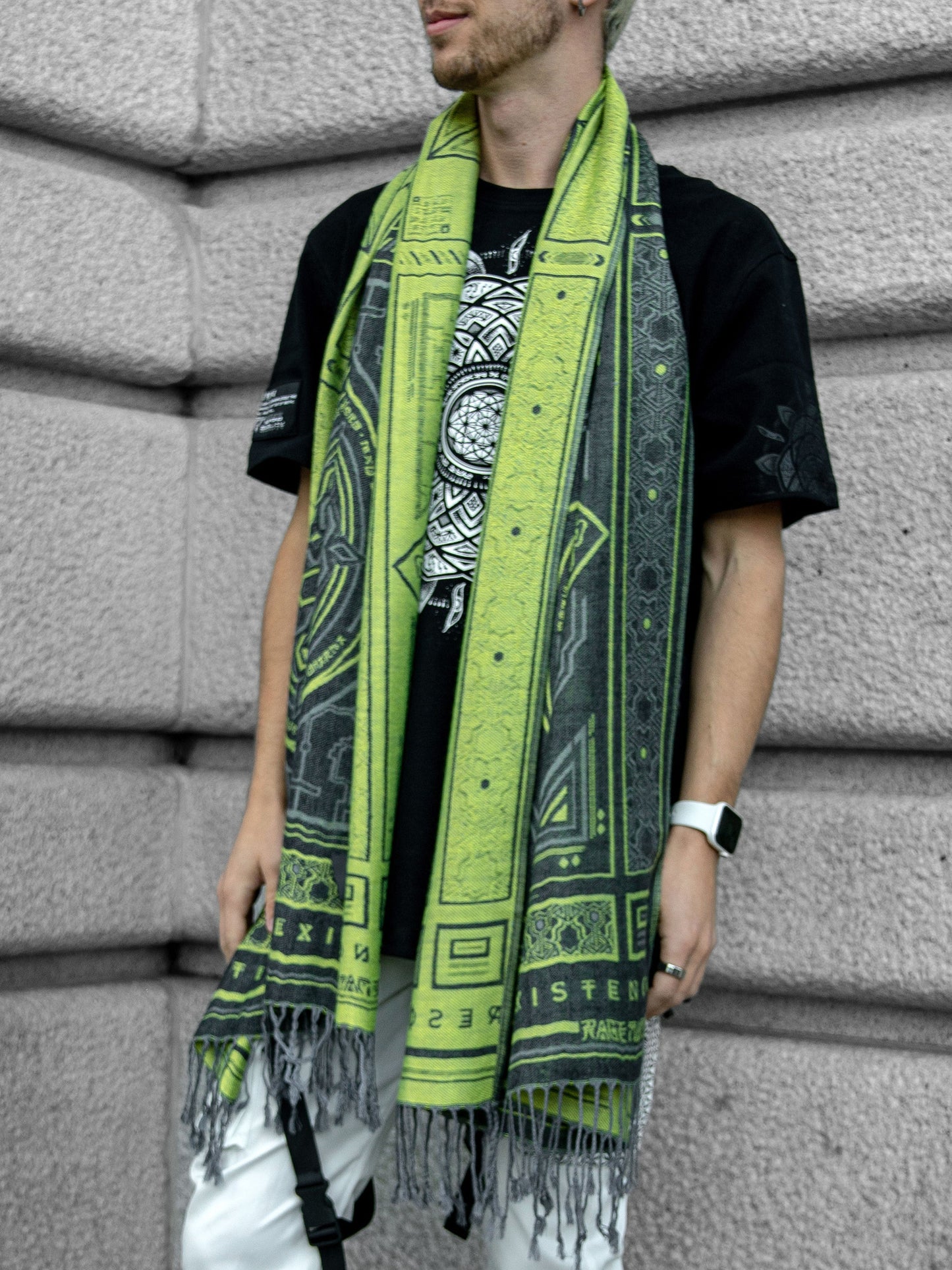 DHARMA V2 • Grey / Neon Yellow • UV REACTIVE • Festival Shawl/Scarf - Concordia Style Boutique