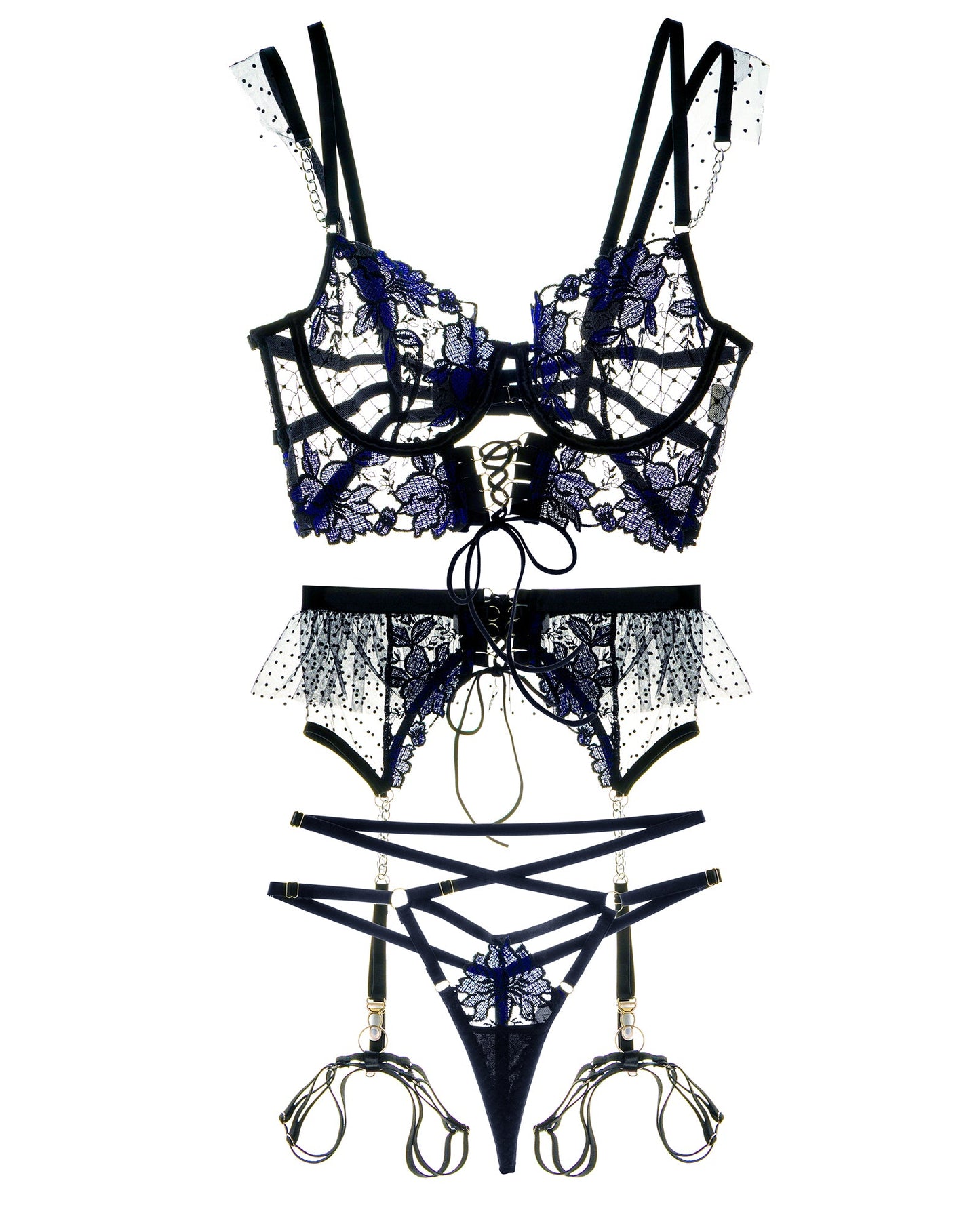 Black&Blue Lace Tie Adjustable Sculpting Body Lingerie Set - Concordia Style Boutique
