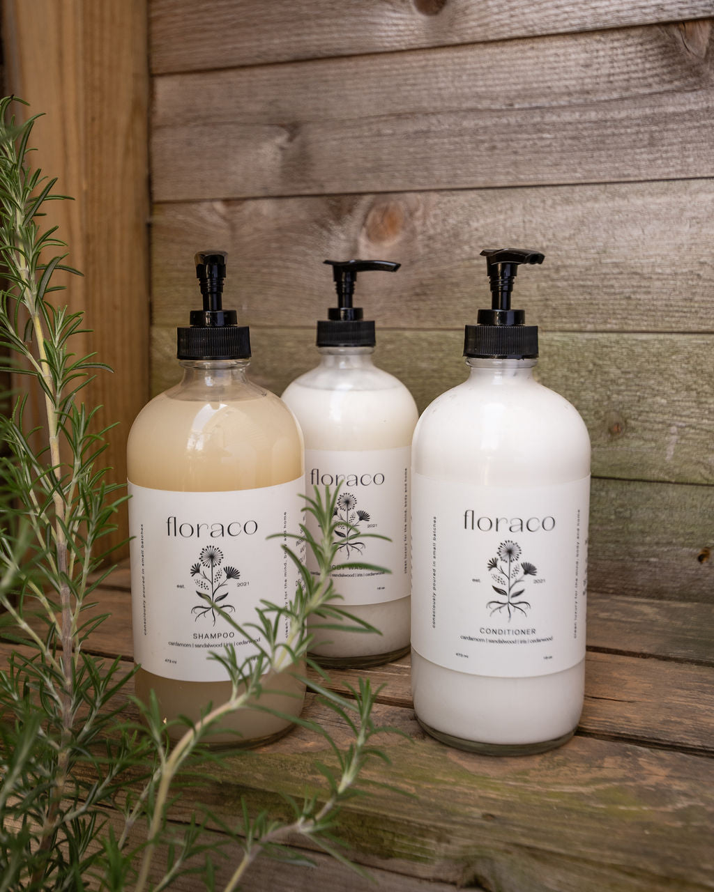 Floraco Refillable Glass Body Wash: Cedarwood, Sandalwood, Iris and Cardamom