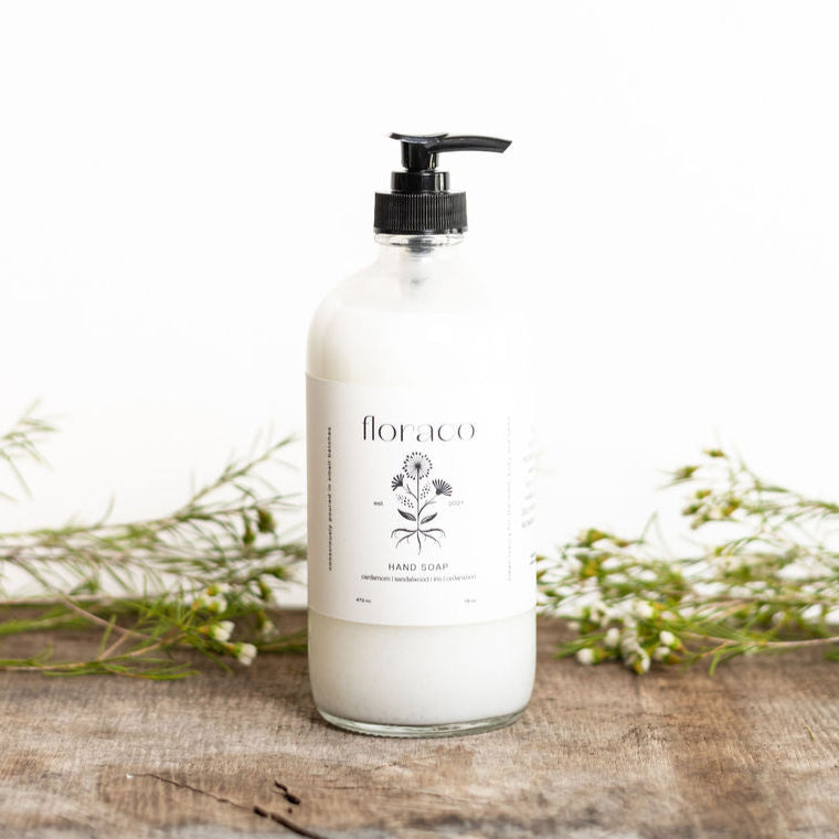 Floraco Refillable Glass Body Wash: Cedarwood, Sandalwood, Iris and Cardamom