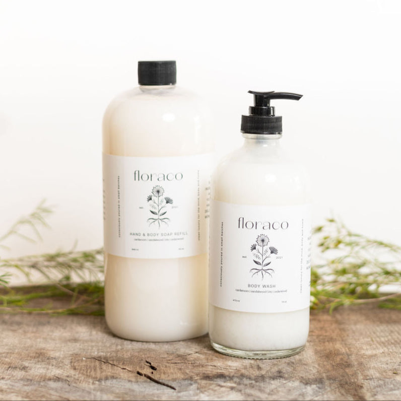 Floraco Refillable Glass Body Wash: Cedarwood, Sandalwood, Iris and Cardamom