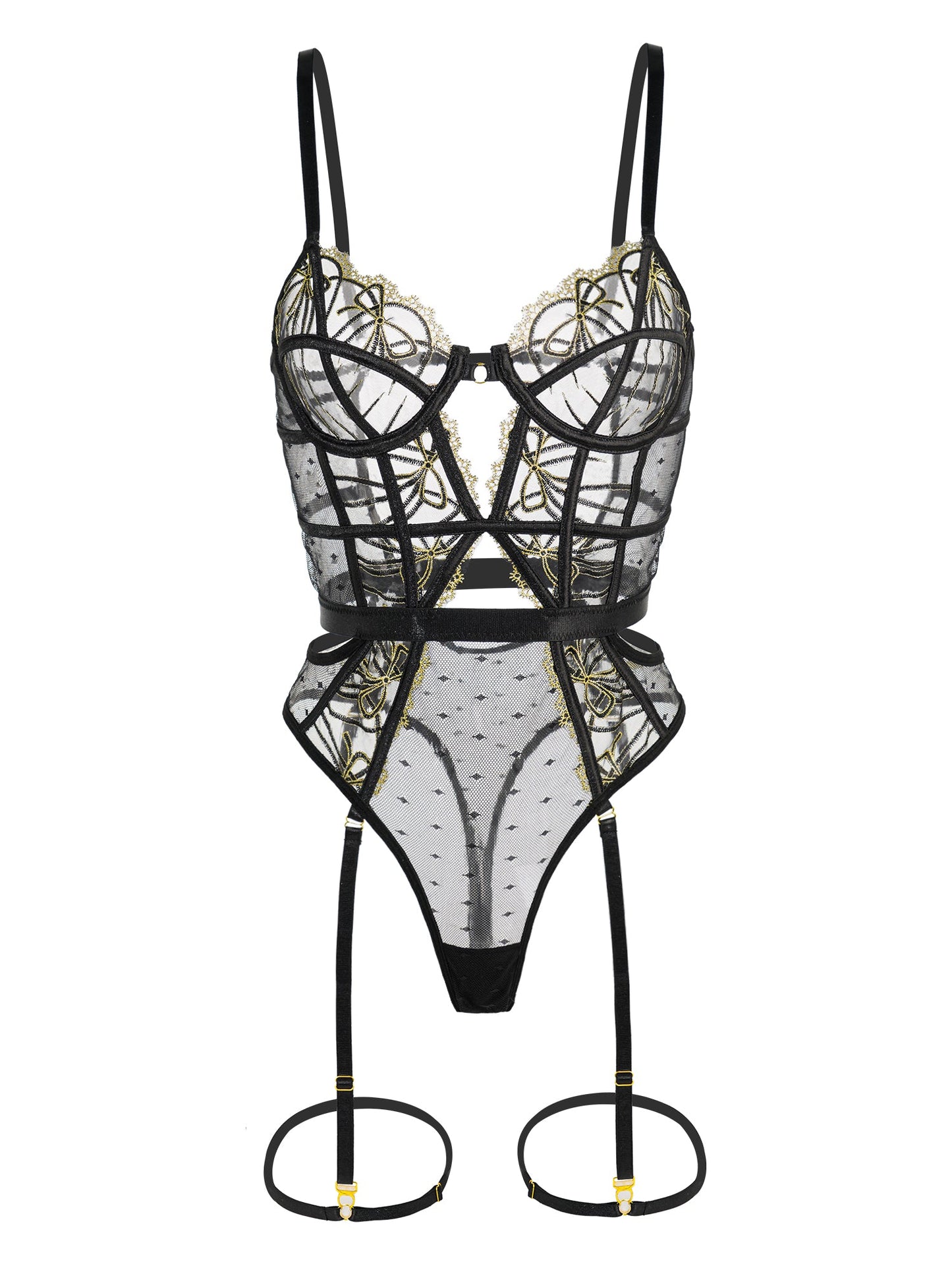 Black Gold-threaded Butterfly Bow Lace Bodysuit - Concordia Style Boutique