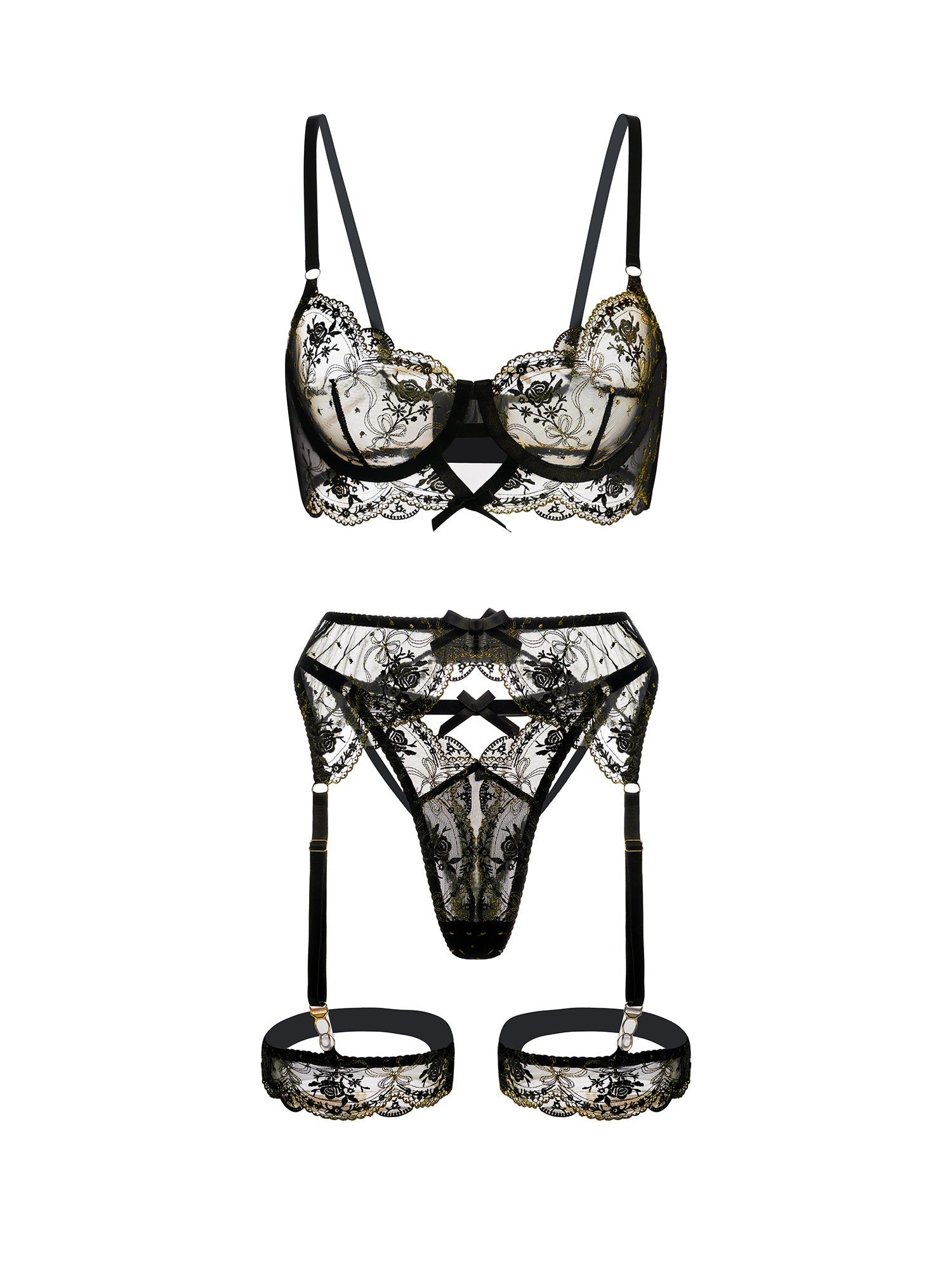 Sheer Black &Golden Embroidery Lingerie Set - Concordia Style Boutique
