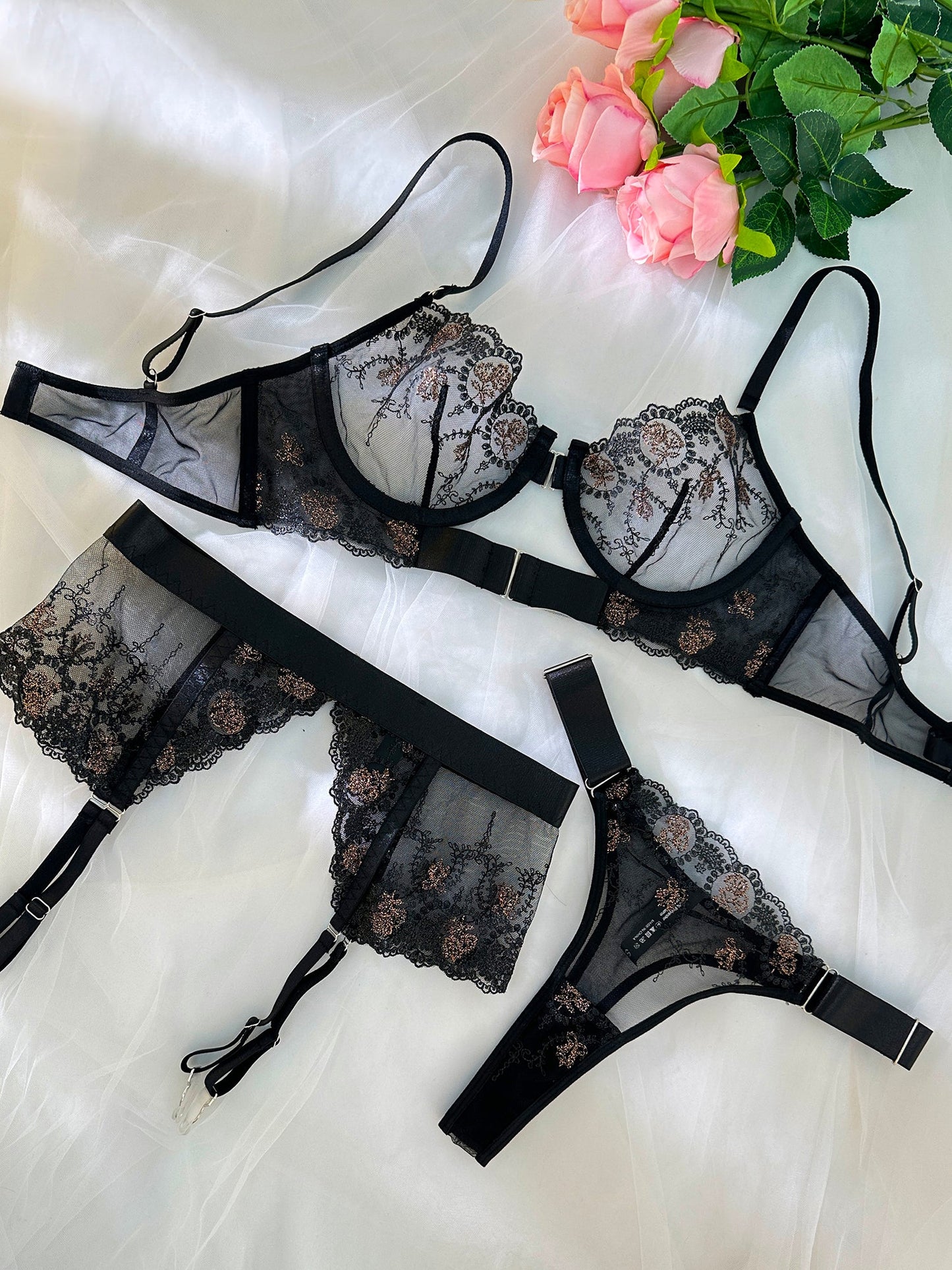 Sheer Black&Champagne Embroidered Lace Lingerie Set - Concordia Style Boutique