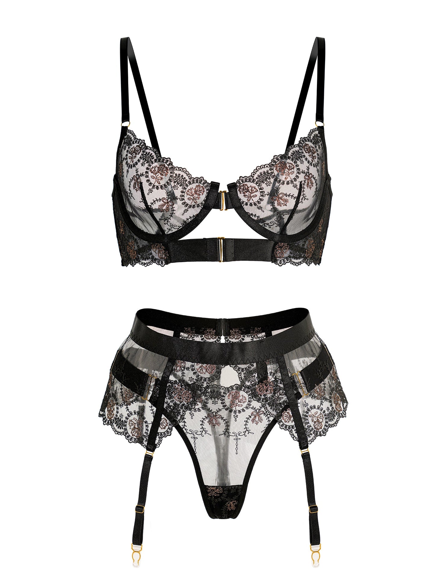 Sheer Black&Champagne Embroidered Lace Lingerie Set - Concordia Style Boutique