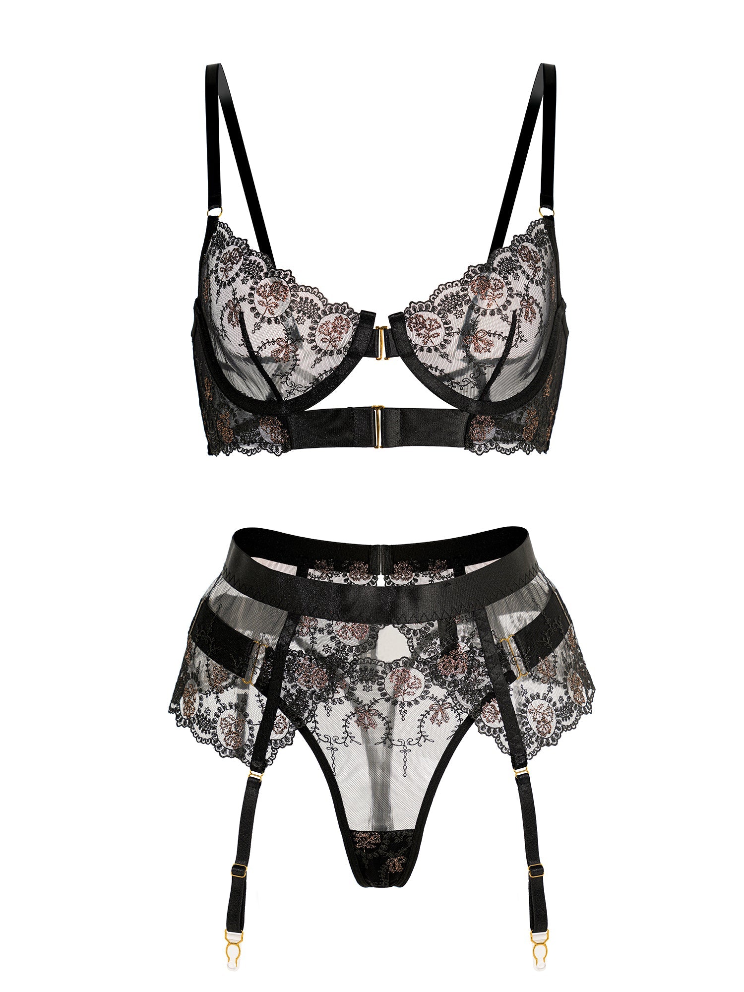 Sheer Black&Champagne Embroidered Lace Lingerie Set - Concordia Style Boutique
