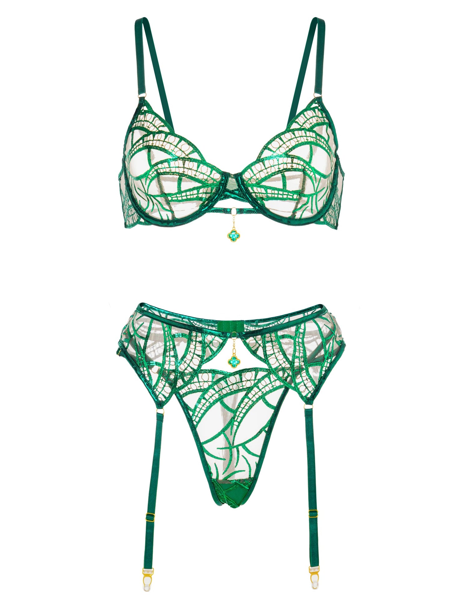 Luxe Green Metallic Foil Lace Lingerie Set - Concordia Style Boutique