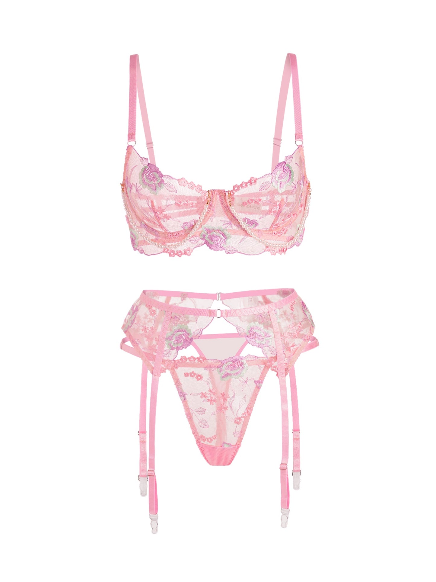 Pink Floral Embroidery Pearl Chain Lingerie Set - Concordia Style Boutique