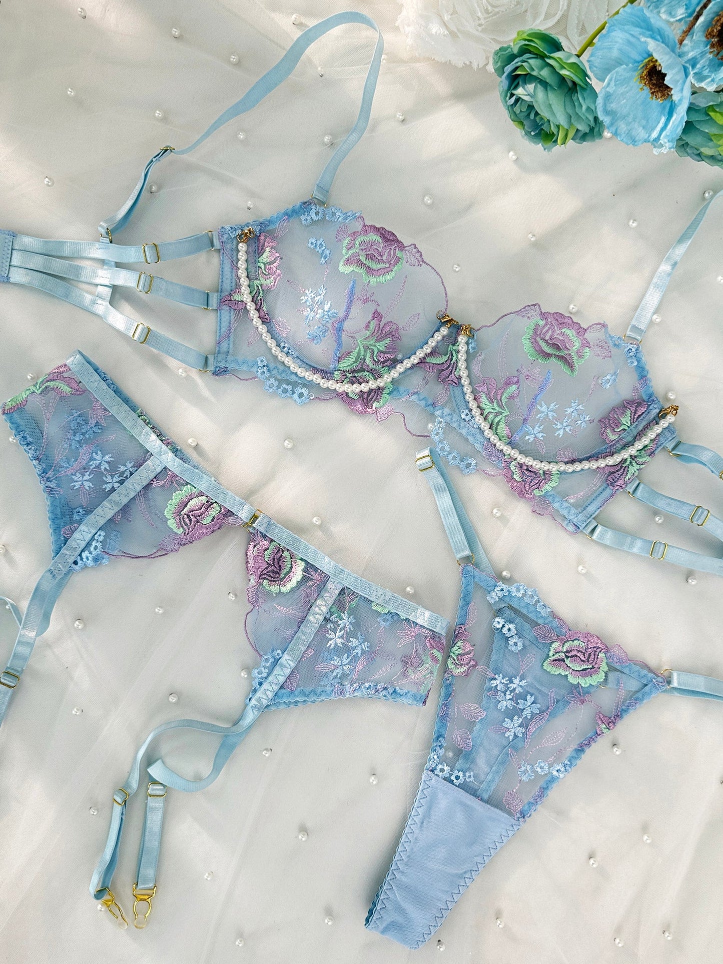 Blue Floral Embroidery Pearl Chain Lingerie Set - Concordia Style Boutique