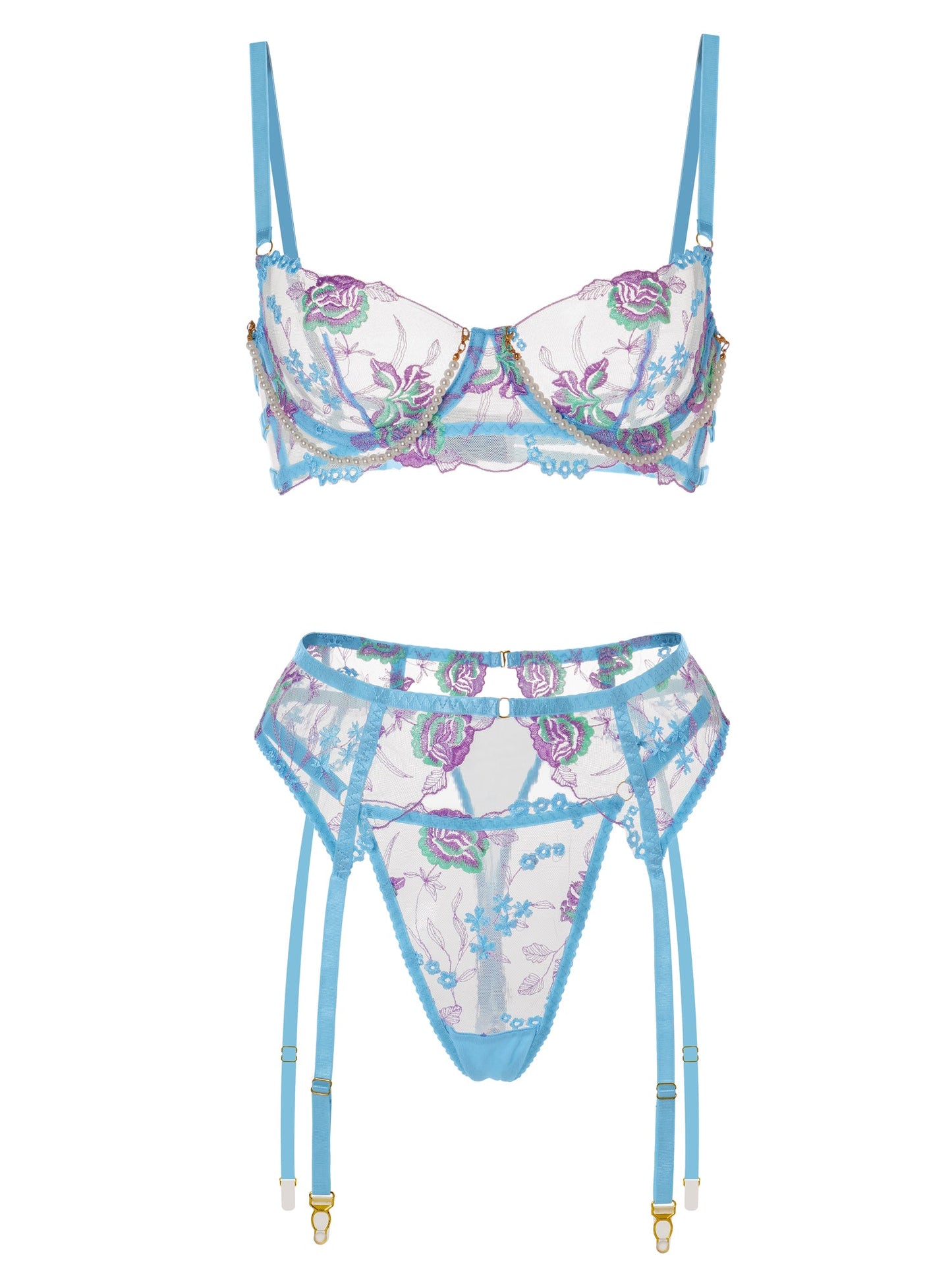 Blue Floral Embroidery Pearl Chain Lingerie Set - Concordia Style Boutique