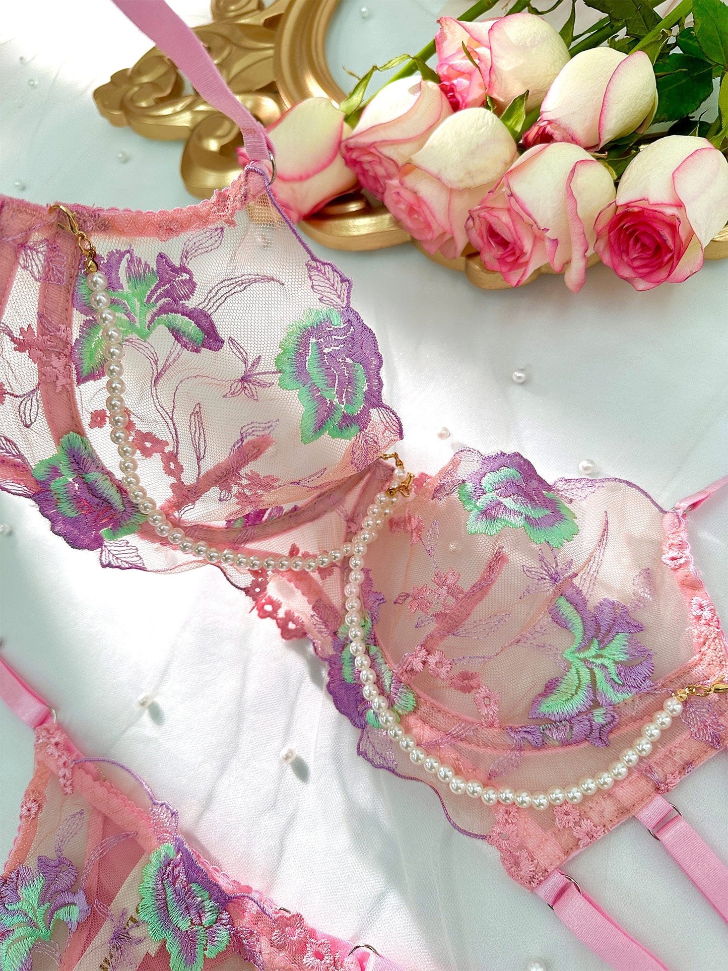 Pink Floral Embroidery Pearl Chain Lingerie Set - Concordia Style Boutique