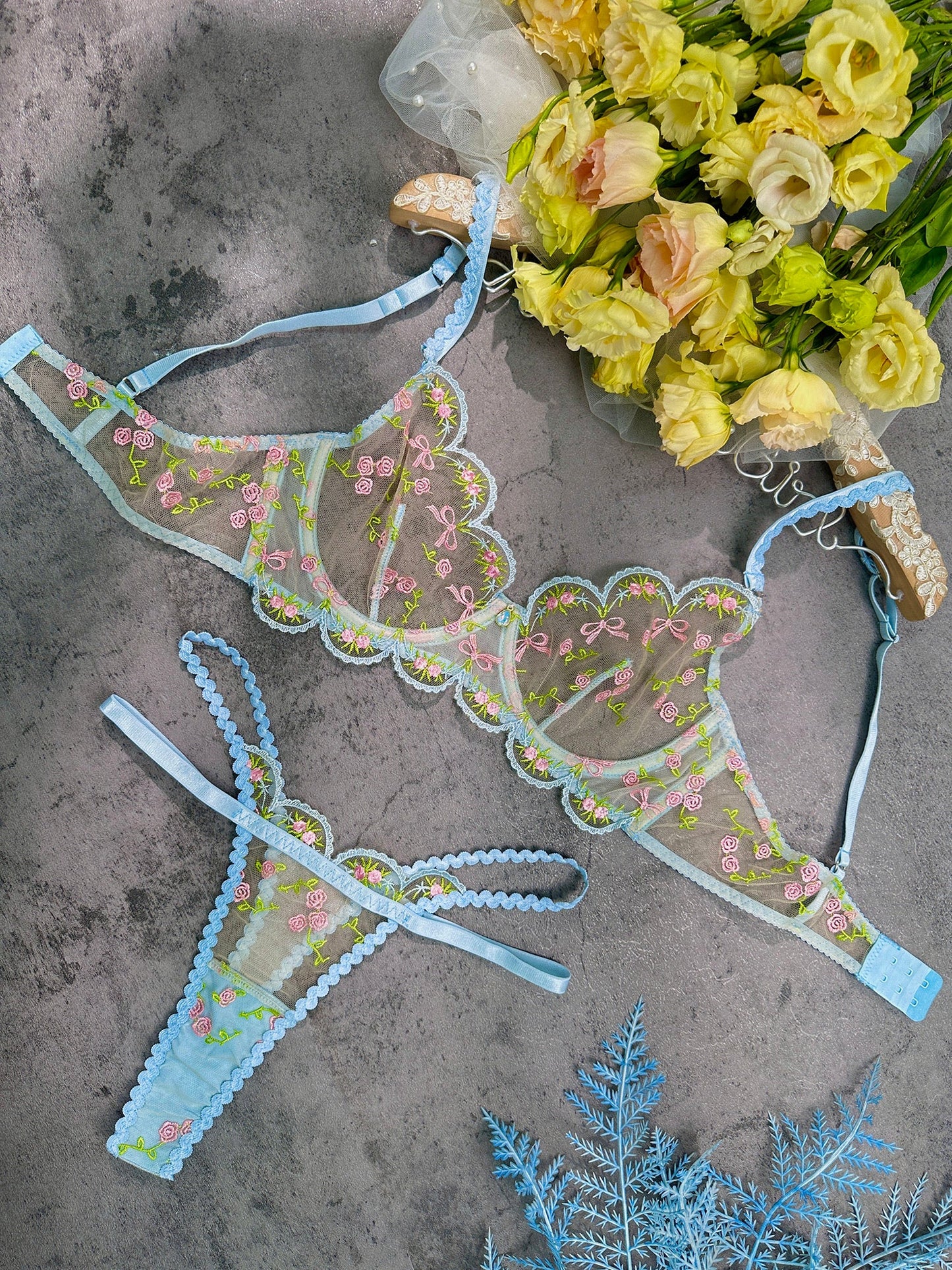 Light Blue Floral Lace Lingerie Set - Concordia Style Boutique