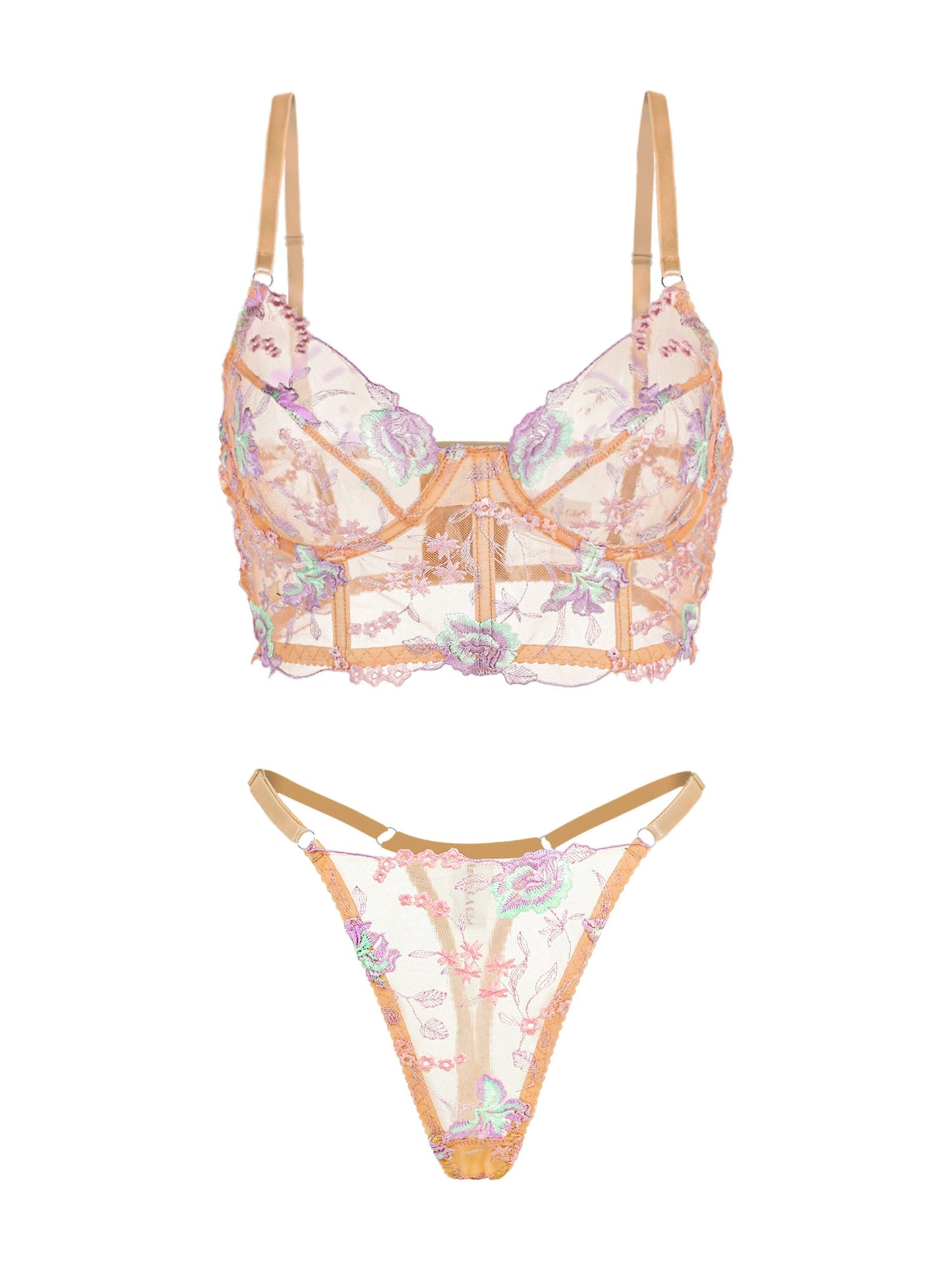 Champagne Floral Sexy Sheer Embroidered Lingerie Set - Concordia Style Boutique