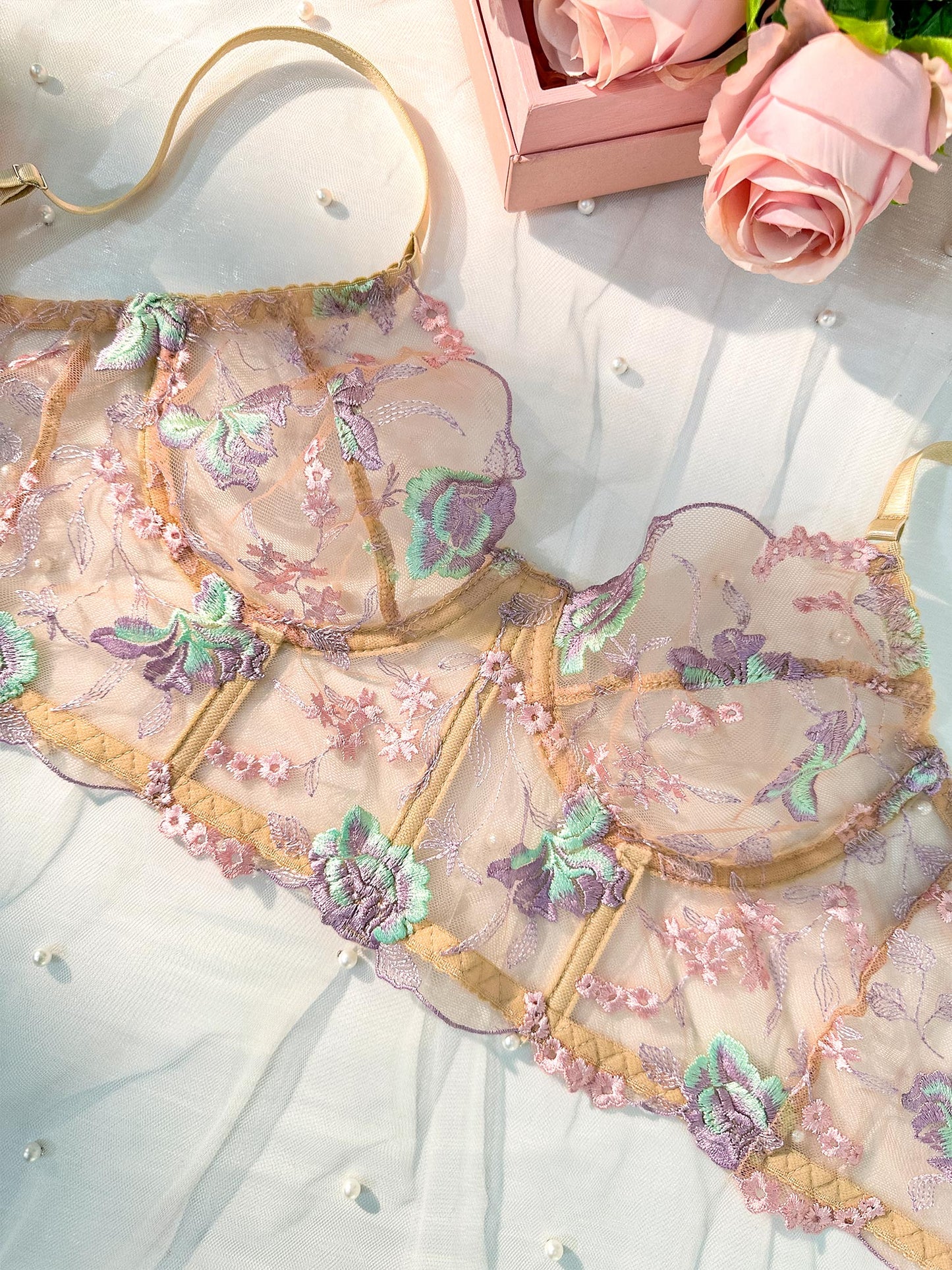 Champagne Floral Sexy Sheer Embroidered Lingerie Set - Concordia Style Boutique