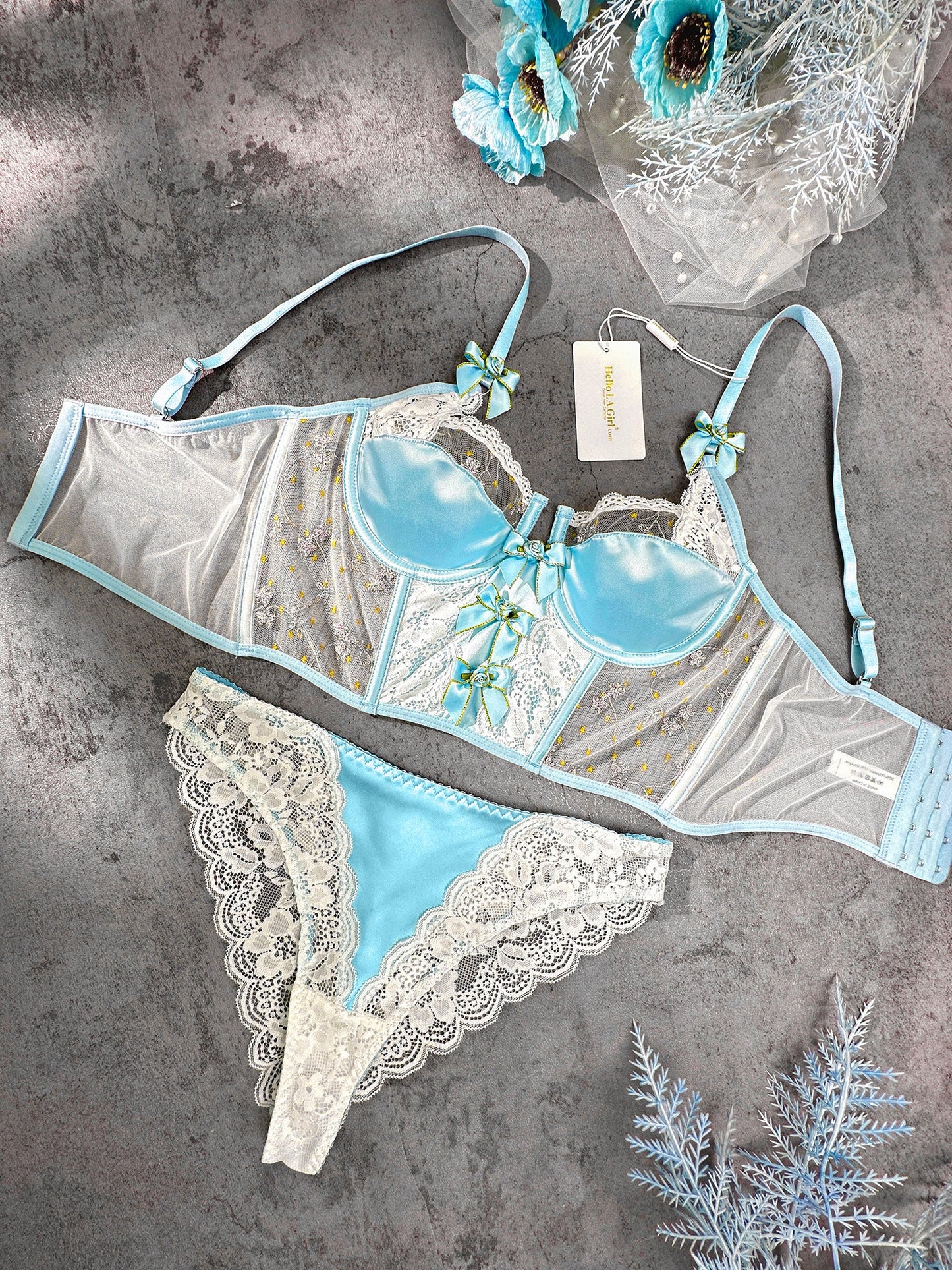 Baby Blue Satin Rosette Bow Lingerie Set - Concordia Style Boutique