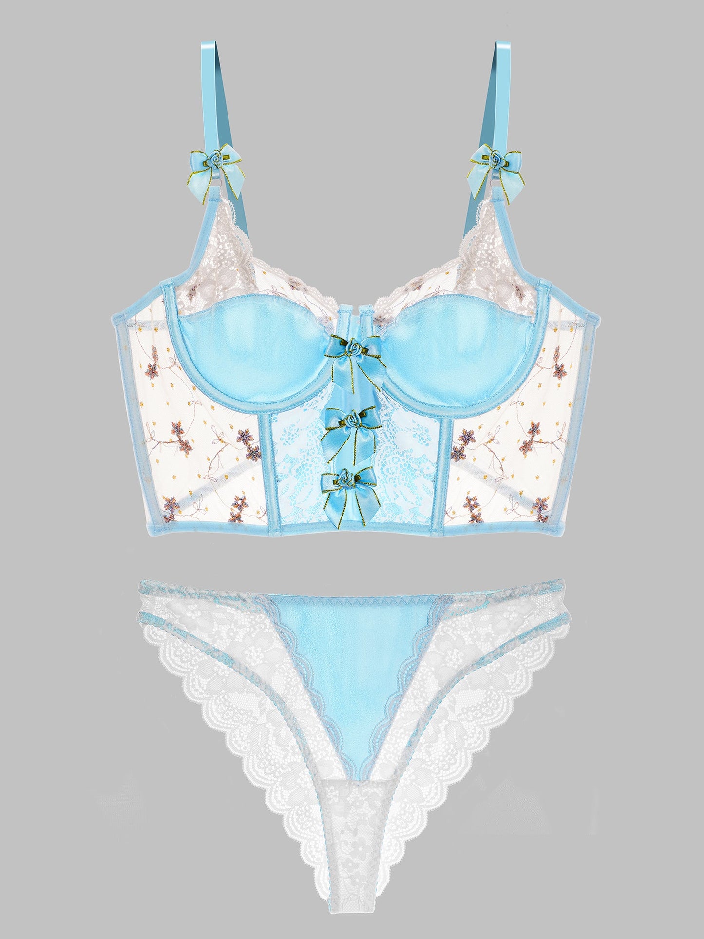 Baby Blue Satin Rosette Bow Lingerie Set - Concordia Style Boutique