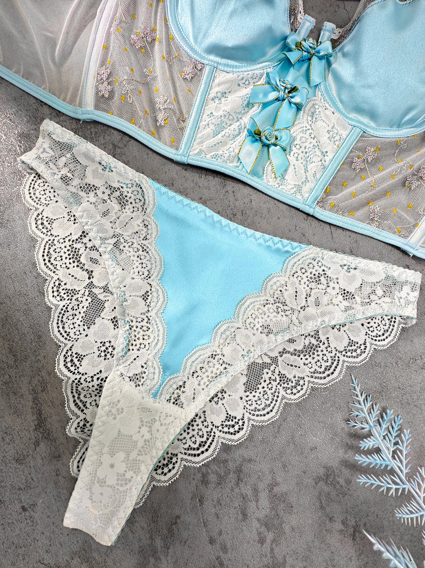 Baby Blue Satin Rosette Bow Lingerie Set - Concordia Style Boutique