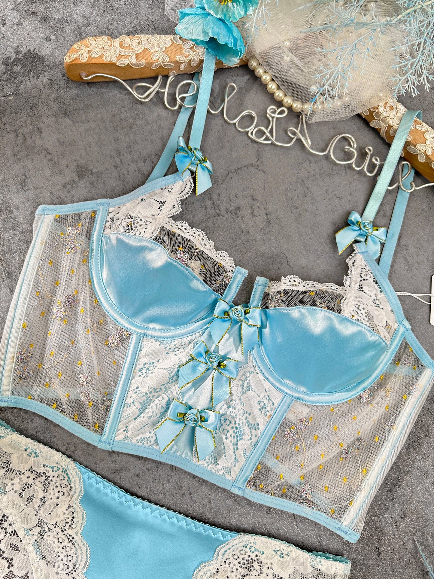 Baby Blue Satin Rosette Bow Lingerie Set - Concordia Style Boutique