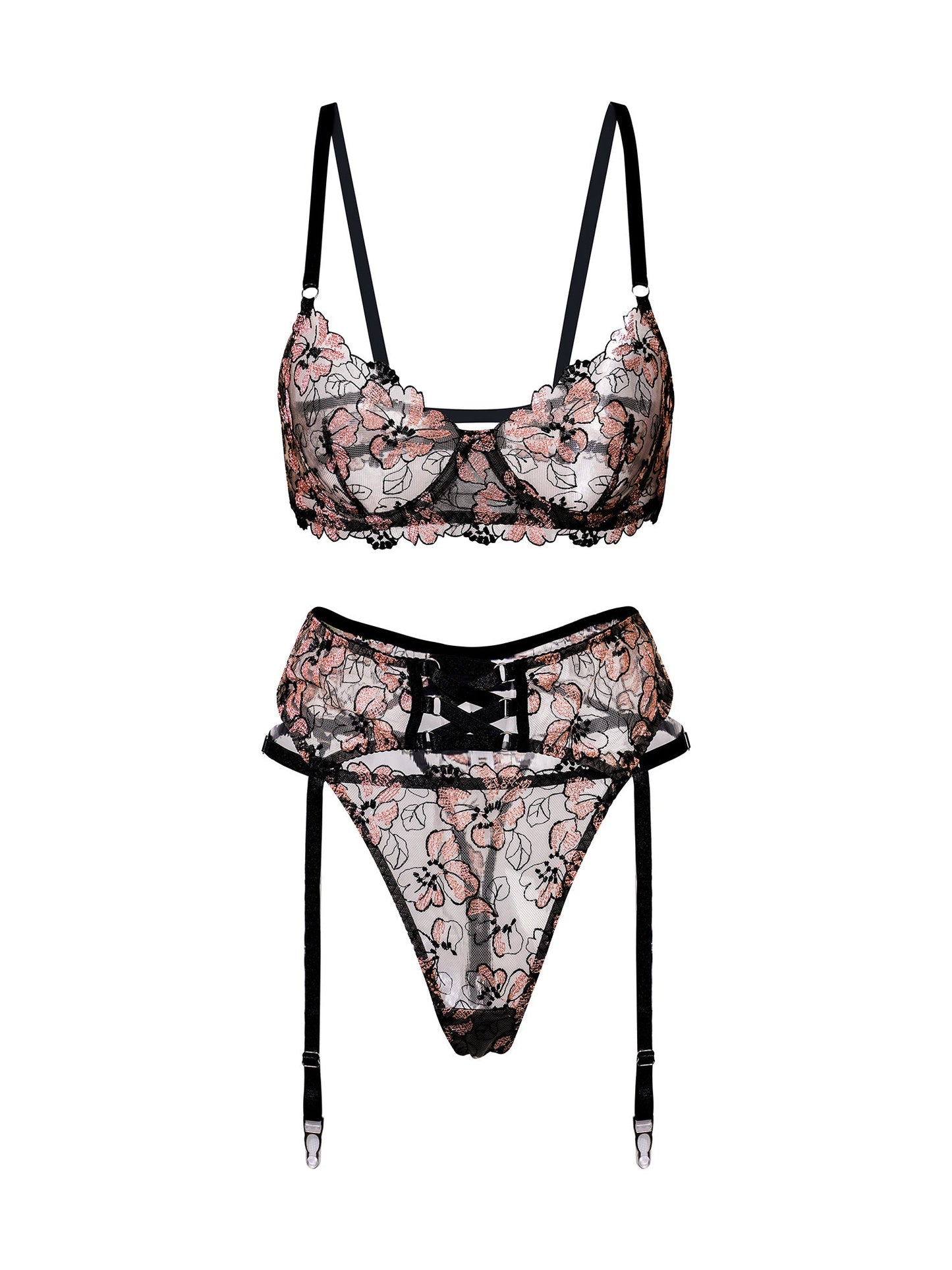 Black& Dustyrose Flowers Lingerie Set - Concordia Style Boutique
