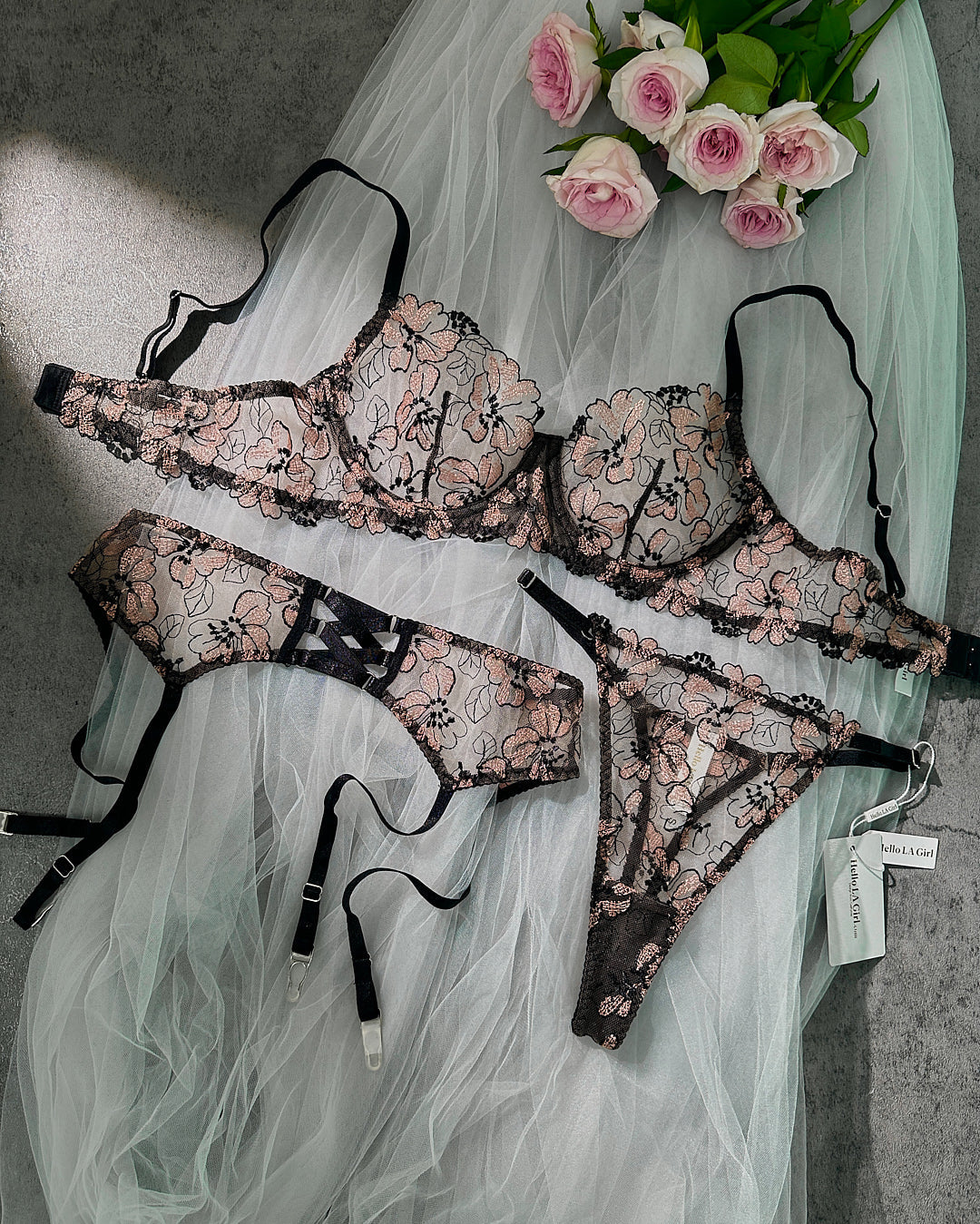Black& Dustyrose Flowers Lingerie Set - Concordia Style Boutique