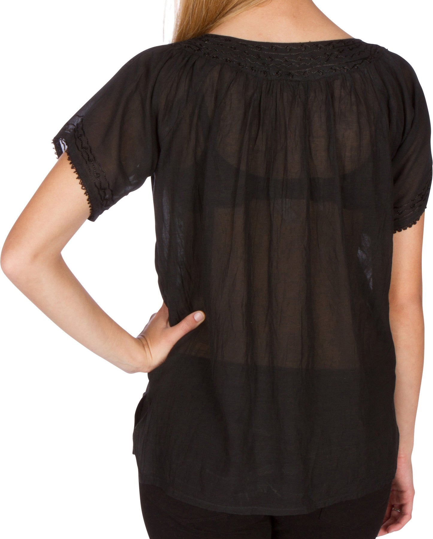Sakkas Embroidered 100% Cotton Semi-Sheer Short Sleeve Gauzy Top / Blouse - Concordia Style Boutique