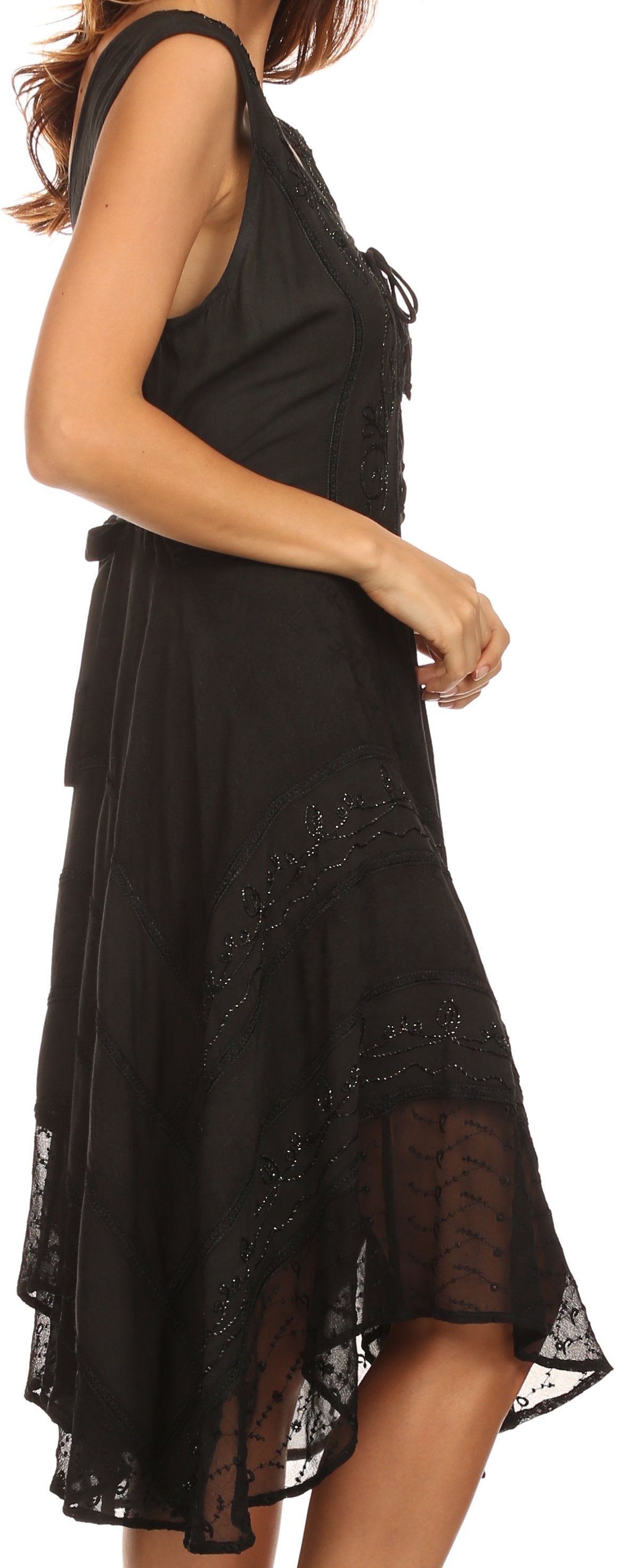 Sakkas Sundara Stonewashed Rayon Embroidered Mid Length Dress - Concordia Style Boutique