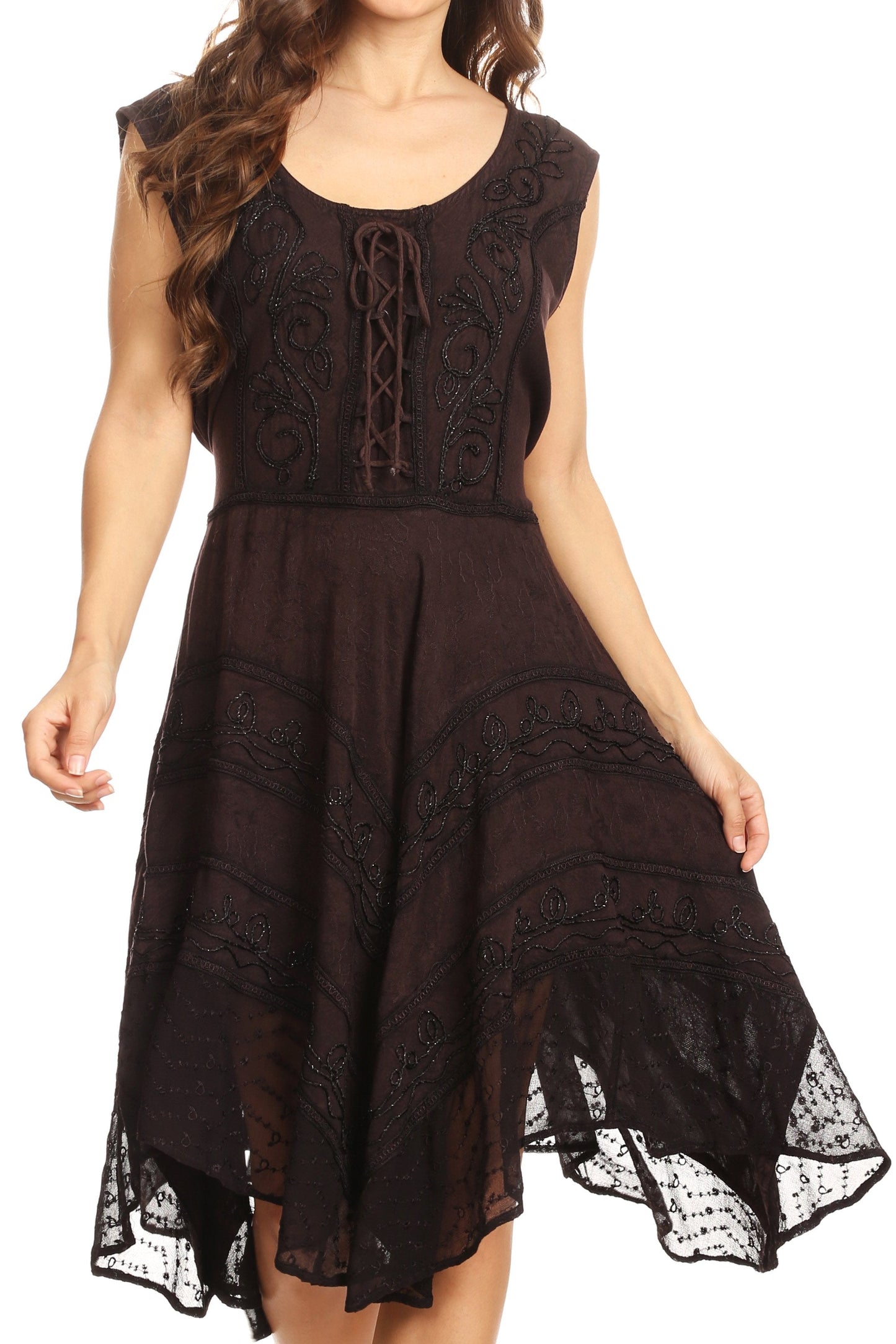 Sakkas Sundara Stonewashed Rayon Embroidered Mid Length Dress - Concordia Style Boutique